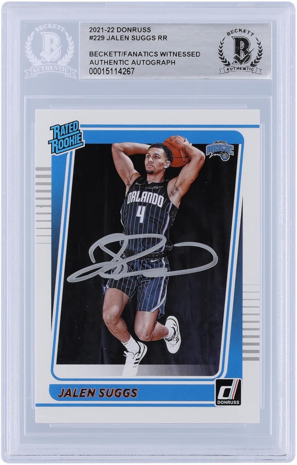 Jalen Suggs Orlando Magic Autographed 2021-22 Panini Donruss Rated Rookie #229 Beckett Fanatics Witnessed Authenticated Rookie Card - Basketball Slabbed Autographed Rookie Cards