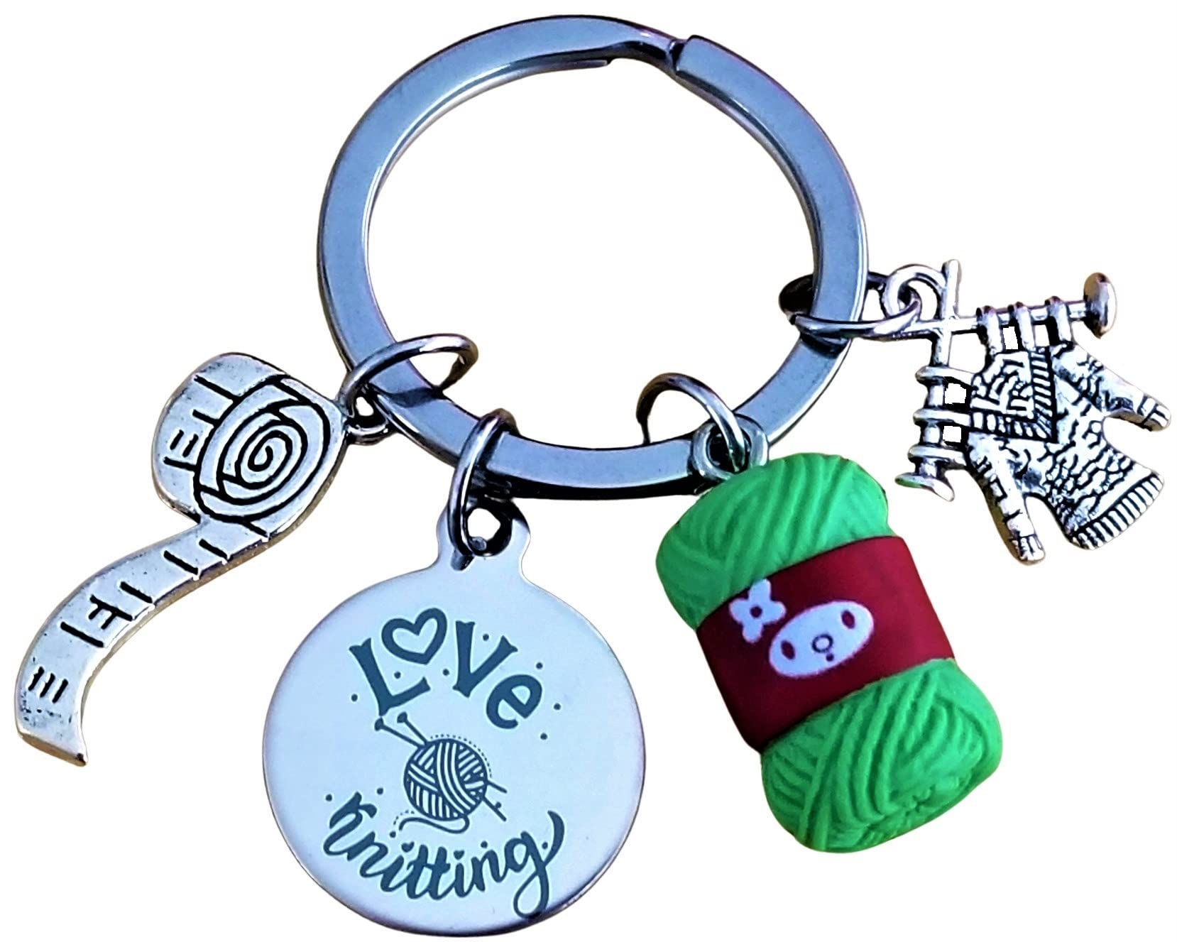 Kit's Kiss Unisex Silver And Green Knitter Gift Knitting Keychain Sweater Tape Measure Yarn Charm Quilter Crochet Lover Knitting Needles Crafter Key Ring, Diameter Of Key Ring : 1.2 Inches (3 Cm)