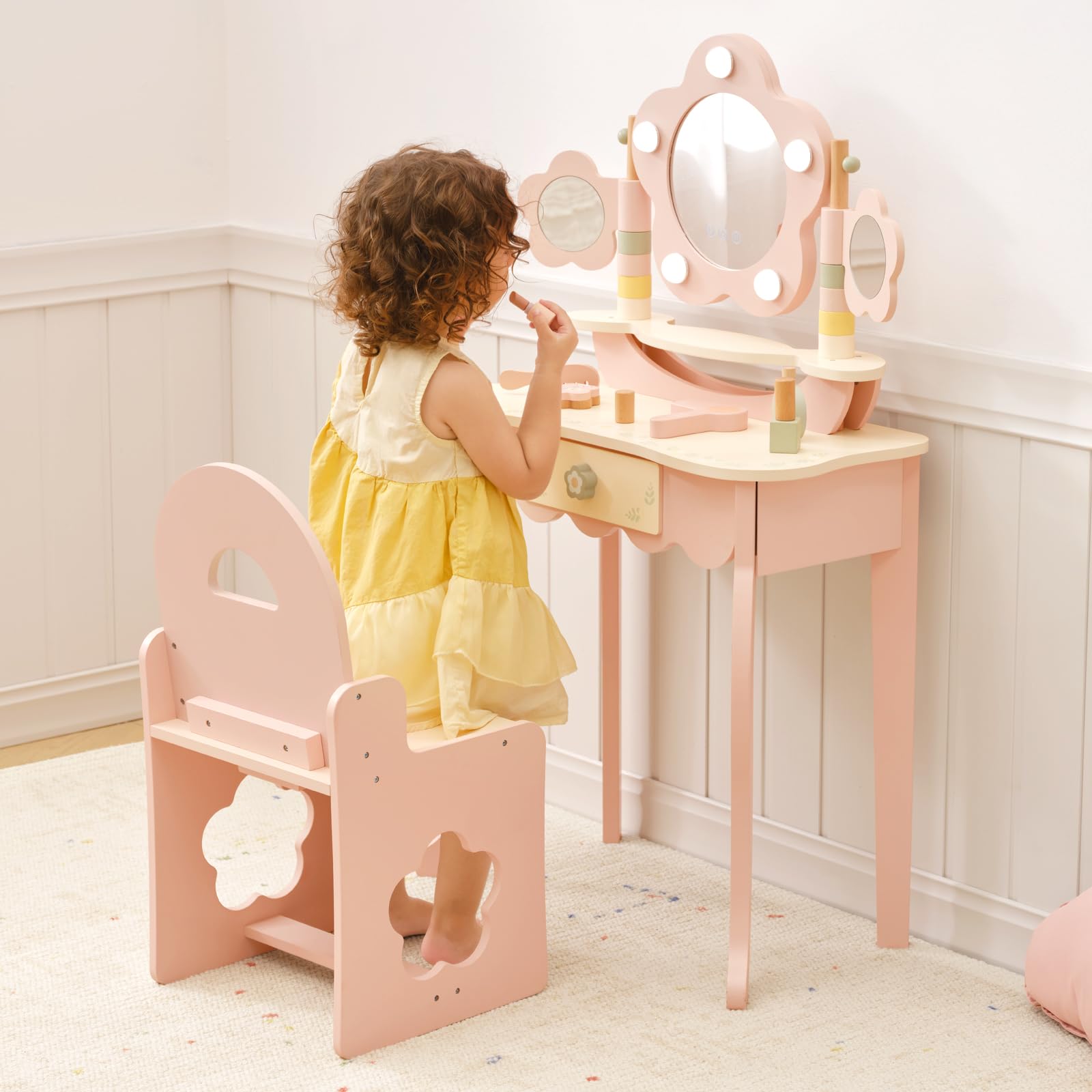 OOOK Schminktisch Kinder mit LED-Beleuchtung, Rosa Kinder Schminktisch mit Hocker und Spiegel, Frisiertisch aus Holz, Schminkkommode für Mädchen ab 3 Jahre
