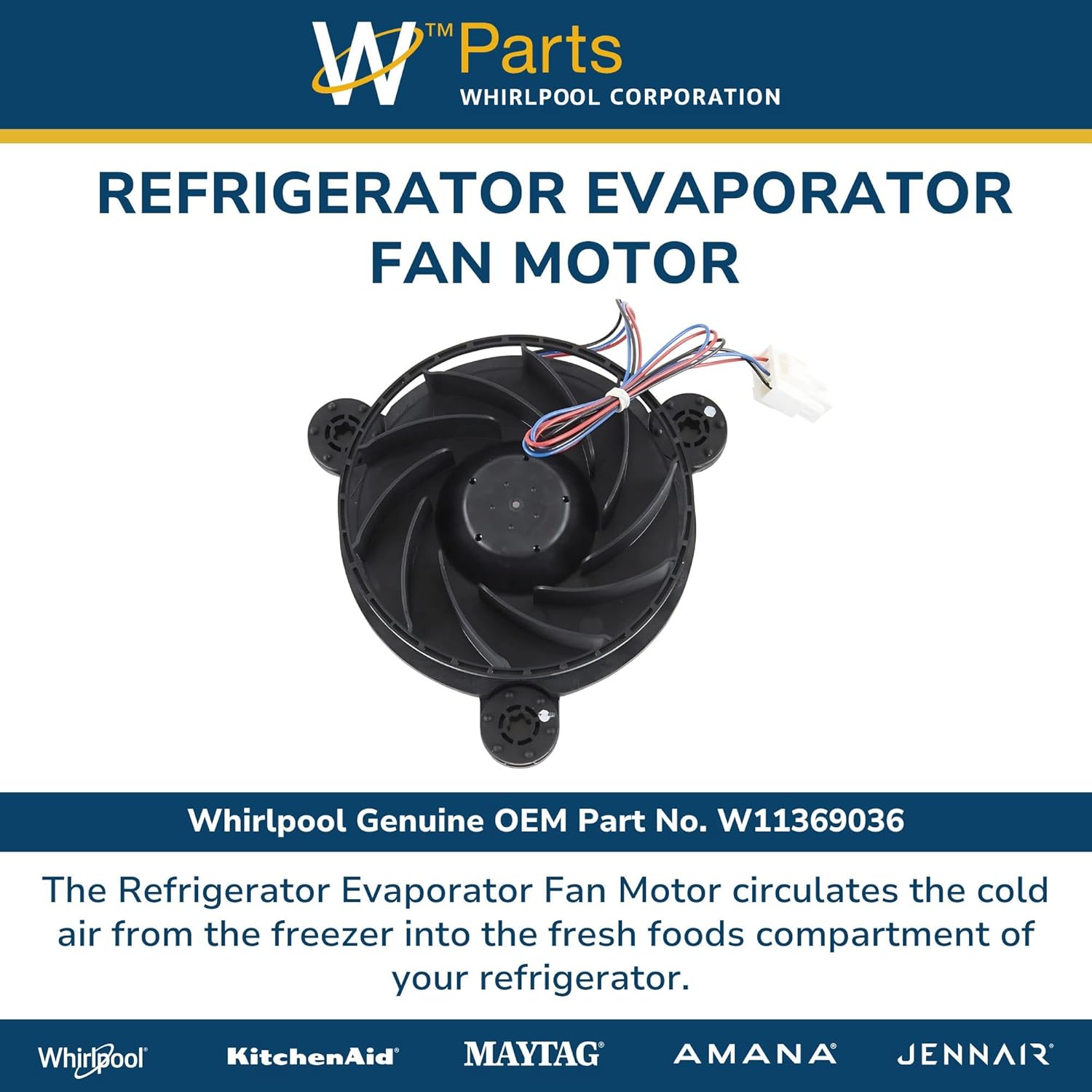 Whirlpool W11369036 W11633362 OEM Refrigerator Evaporator Fan Motor, Black