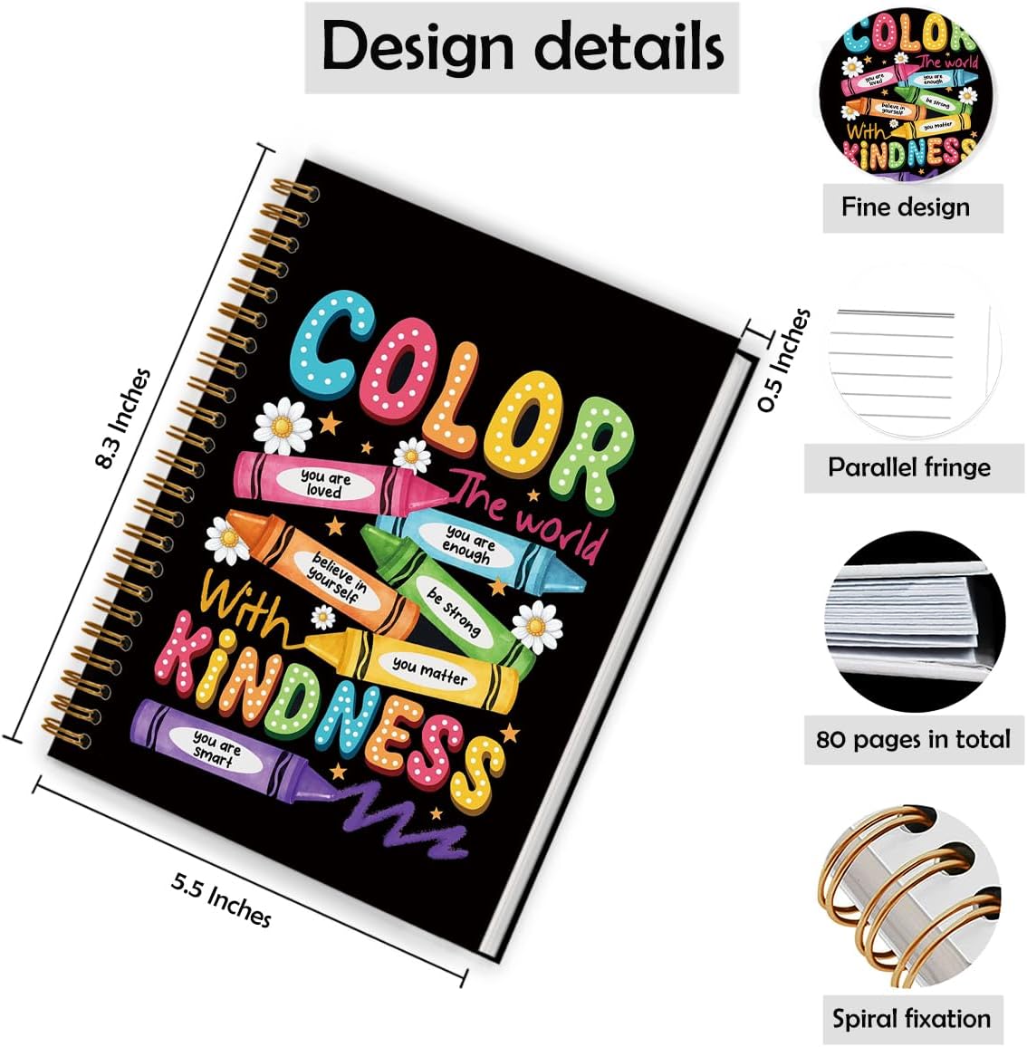 Boho Inspirational Teacher Spiral Notebook 5.5x8.3, Teacher Appreciation Gifts, Color the World with Kindness Motivational Journal for Women, Hardcover Notebook Journal image 2