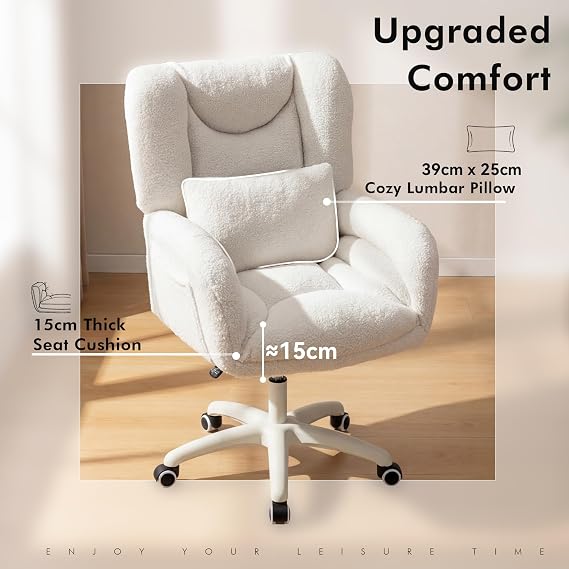 DEKKETO Teddy Oversized Cross-Legged Office Chair with Lumbar Pillow, White
