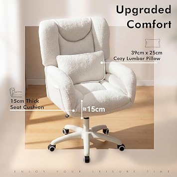 DEKKETO Teddy Oversized Cross-Legged Office Chair with Lumbar Pillow, White