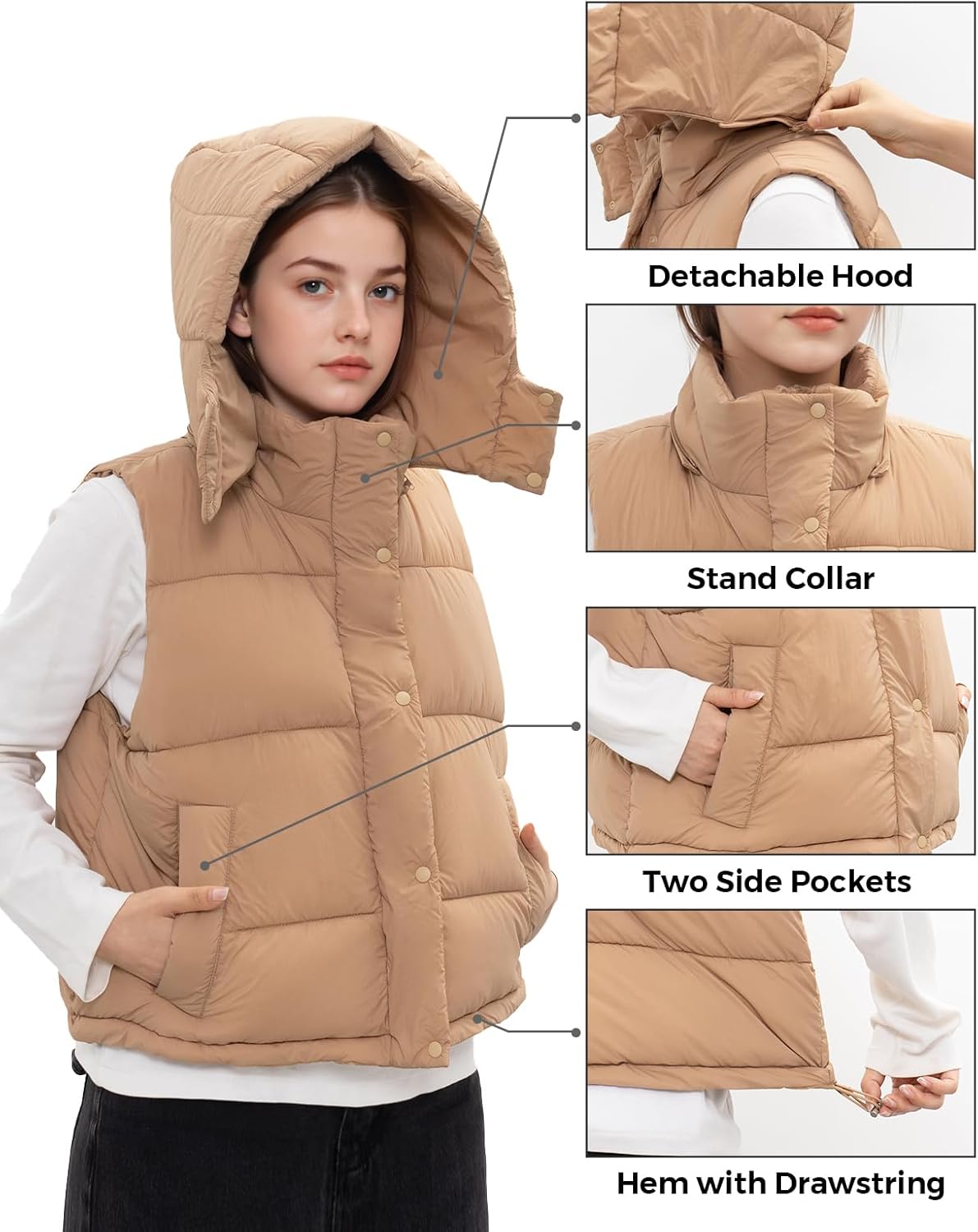 Women's Removable Hooded Puffer Vest Lightweight Quilted Stand Collar Sleeveless Jackets Warm Winter Outerwear Coat - Image 4