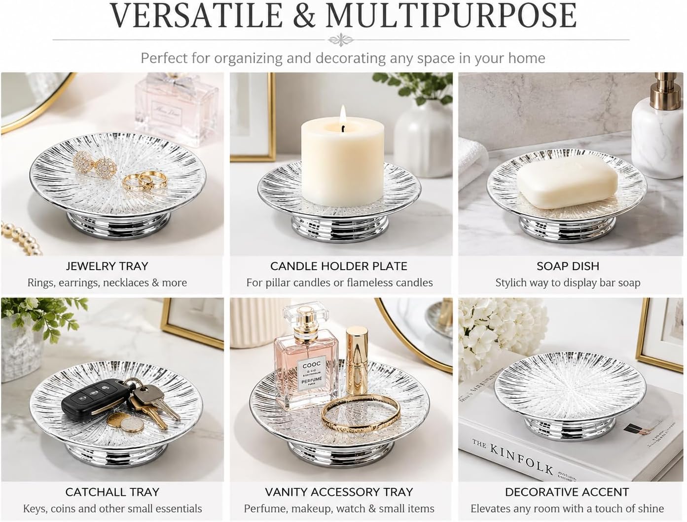 Silver Ceramic Decorative Tray Set of 3, Electroplated Sunburst Jewelry Trays, Small Candle Holder Plates, Soap Dishes & Trinket Trays for Bathroom, Vanity, Bedroom & Home Decor image 2