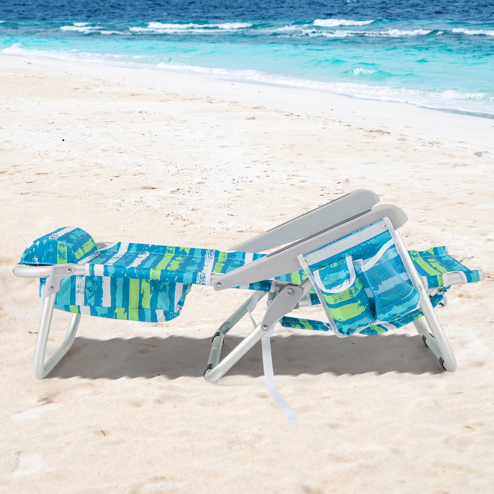 GOPLUS Silla Playa Plegable, Silla de Camping Ligera con Respaldo Ajustable en 5 Posiciones, Barra para Toallas, Portavasos, Almohada, Correas, Tumbona Exterior Reclinable, Carga 150 kg (Verde+Azul,2)