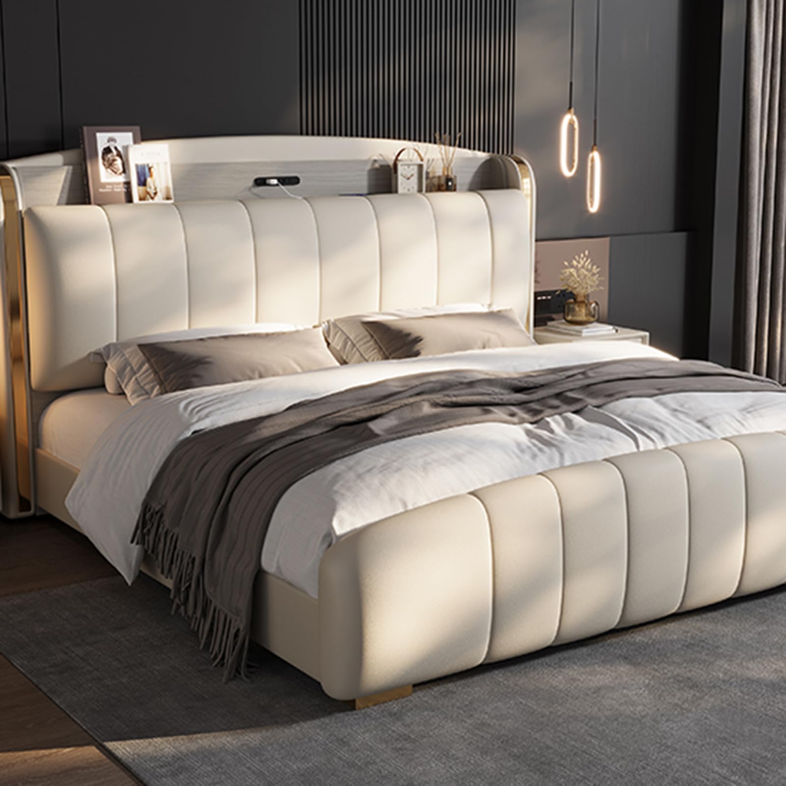 King Size Genuine Leather Bed Set Upholstered Platform Bed Frame with Wingback Headboard and Lift Up Storage Strong