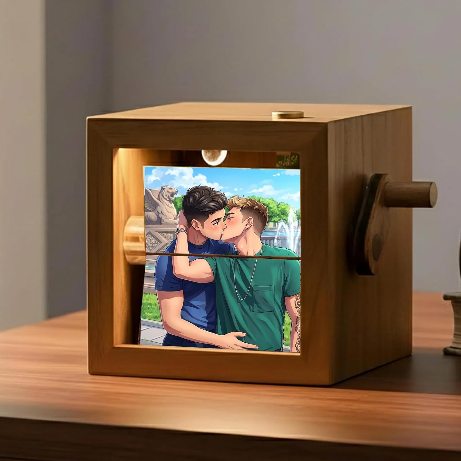 Noni Custom Flip Box with Anime Style Art, Male Couple Love Portrait, LGBTQ+ Wedding Photo, Romantic Gift for Him, Anniversary Valentine's Day Keepsake, Unique Home Decor