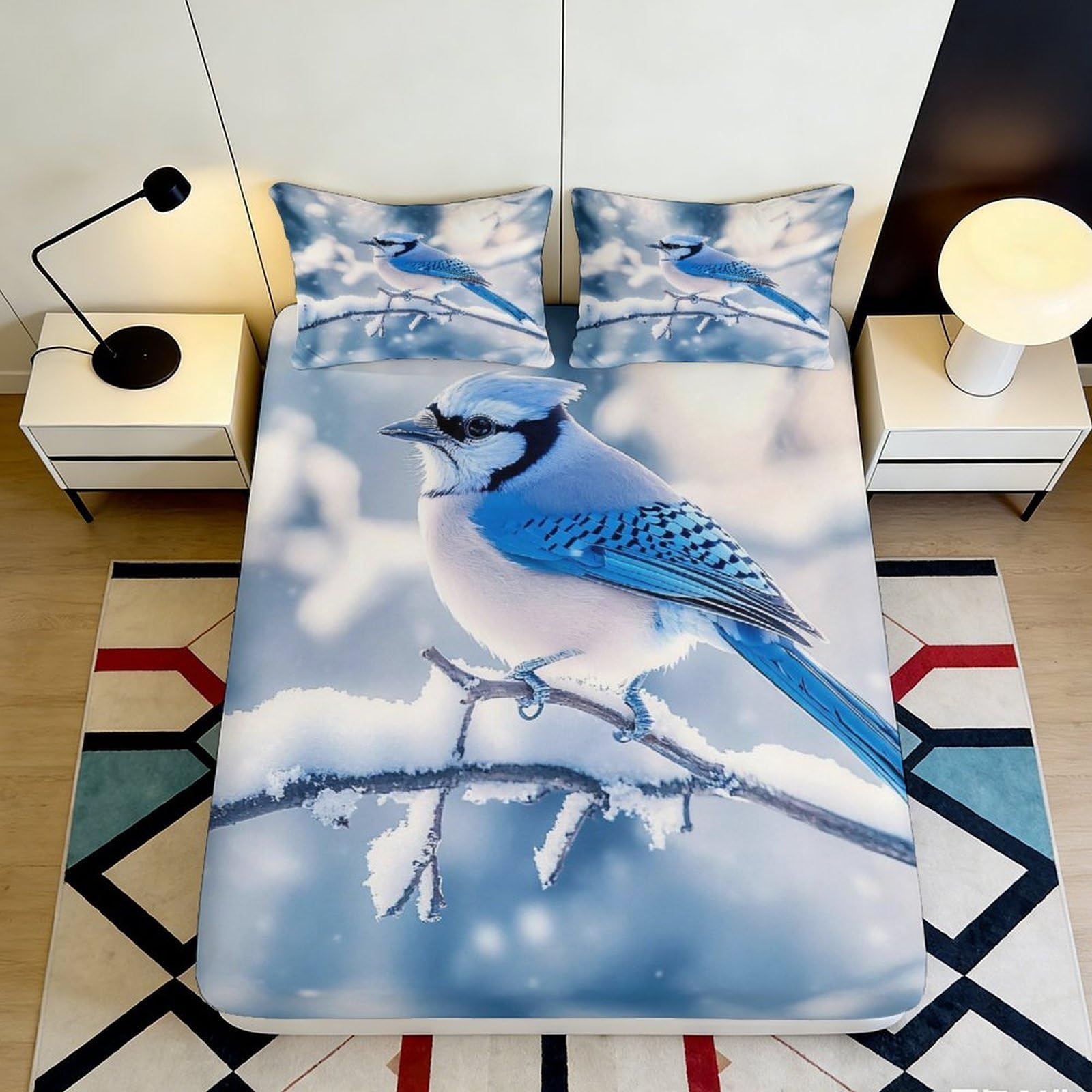 Pnayamiorkfel Style-4 3D Printed Blue Jay Bird Fitted Sheet Microfiber Soft Breathable Snowy Branch Mattress Cover For Bedroom Guest Room Decor 90X200x25cm