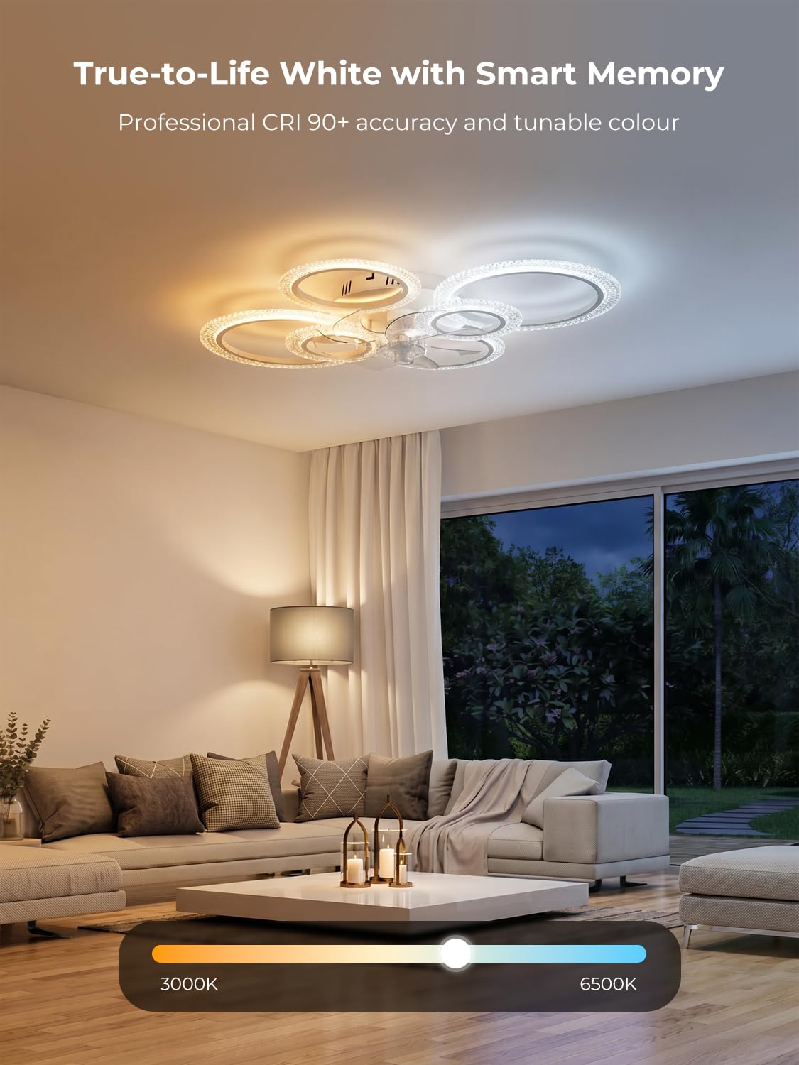 Ventilatore da Soffitto con Luce LED Dimmerabile, Plafoniera Moderna 88cm con Pale Trasparenti e Telecomando/App, Motore DC Silenzioso Reversibile per Camera da Letto, Soggiorno e Cucina