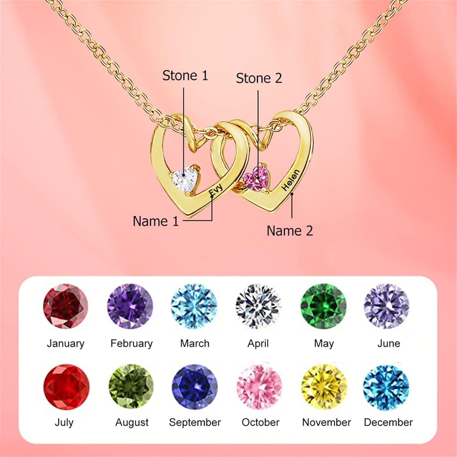 MissNaNa Personalized Mother Necklace with 1-6 Birthstones & Engraved Names Custom Family Mom Necklace Heart Name Necklaces Gift for Mother's Day