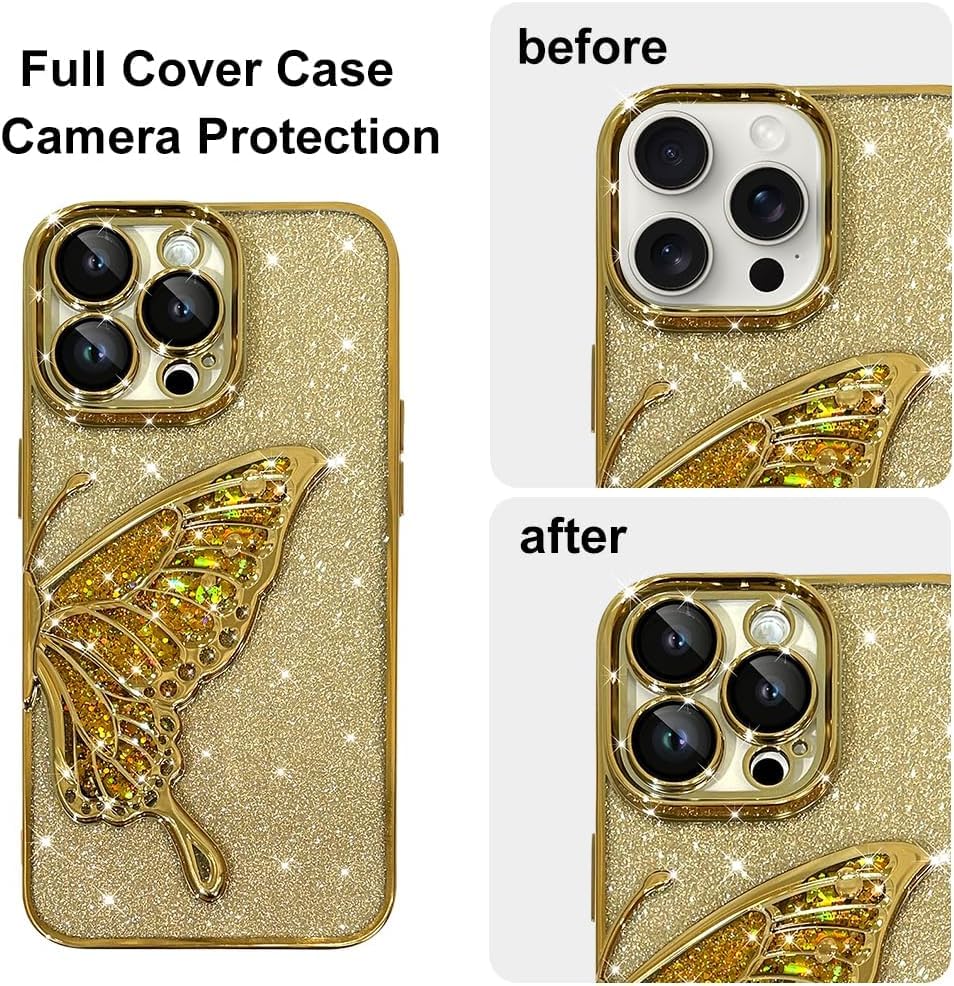 Image of SHINESTAR 3D Butterfly Case for iPhone 15 Pro Max Cover, Cute Girly Glitter Bling Luxury Back Cover for Women Girls Protective Shockproof Slim Camera Protection for iPhone 15 Pro Max - Gold