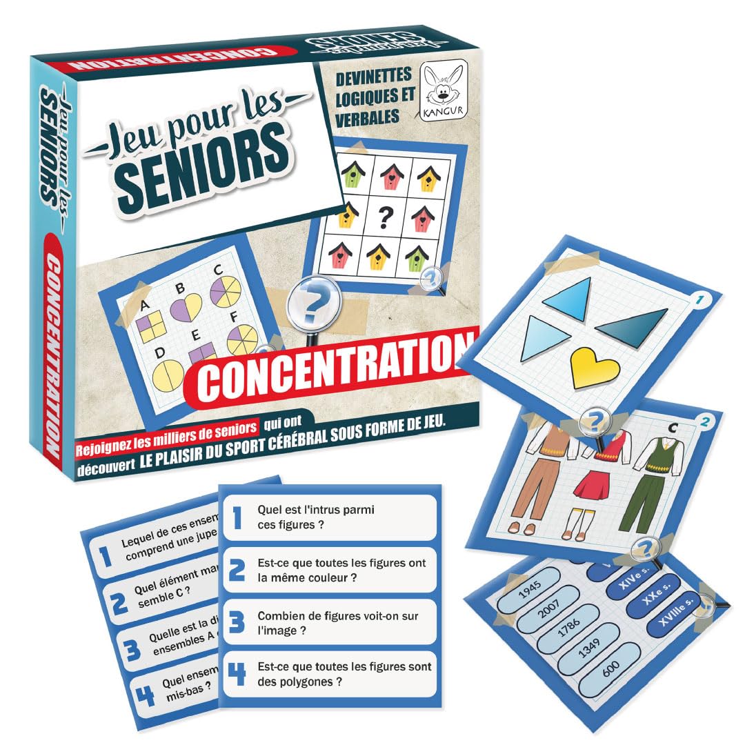 KANGUR Jeu de Concentration Quiz pour Senior - Exercices de Mémoire et Concentration - Idée Cadeau Utile pour Femme et Personne Âgée - 48 Cartes - Langue: Français