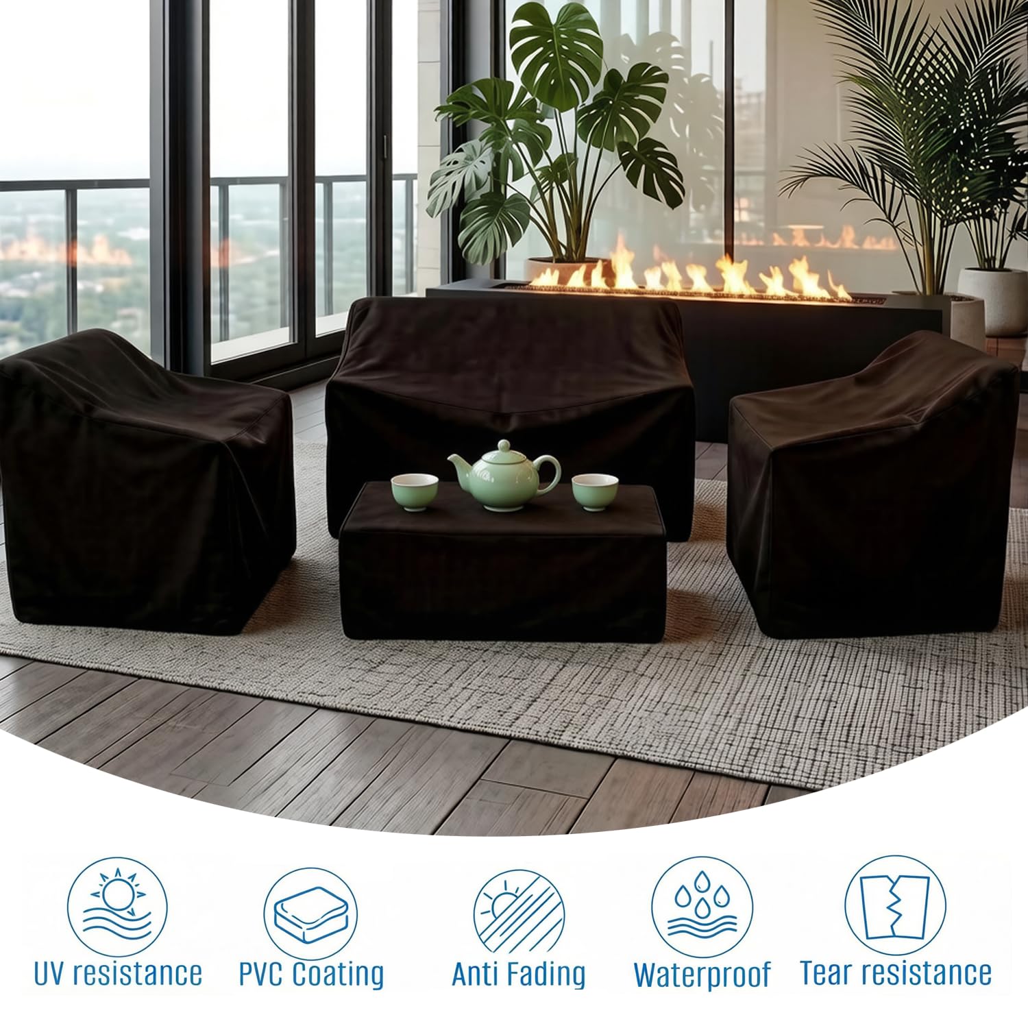 Copertura Mobili da Esterno in Tessuto Oxford 420D Impermeabile 4 Pezzi Nero Anti-UV