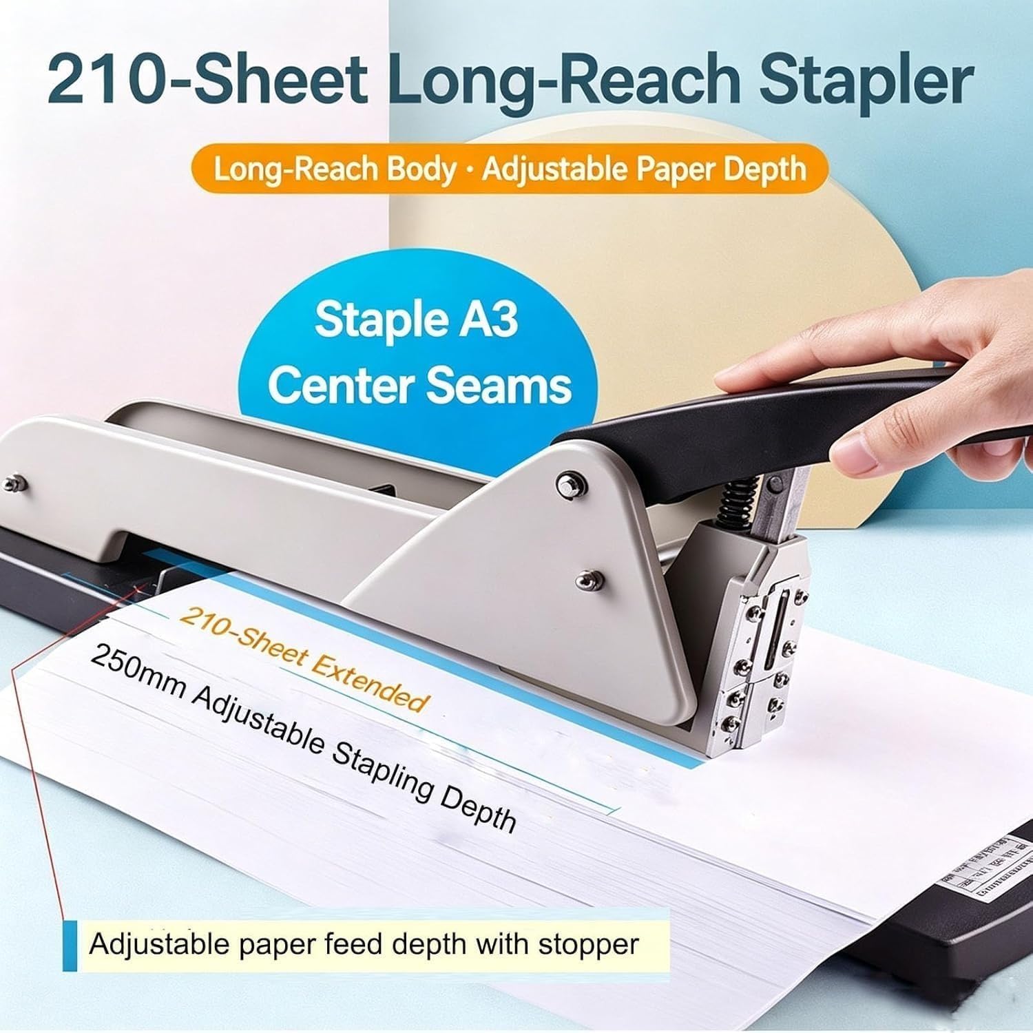 Grapadora escritorio largo alcance, brazo 250mm largo, guía papel ajustable | Capacidad encuadernación de 210 hojas, diseño encuadernación ergonómico, for folletos y documentos papel oficina.