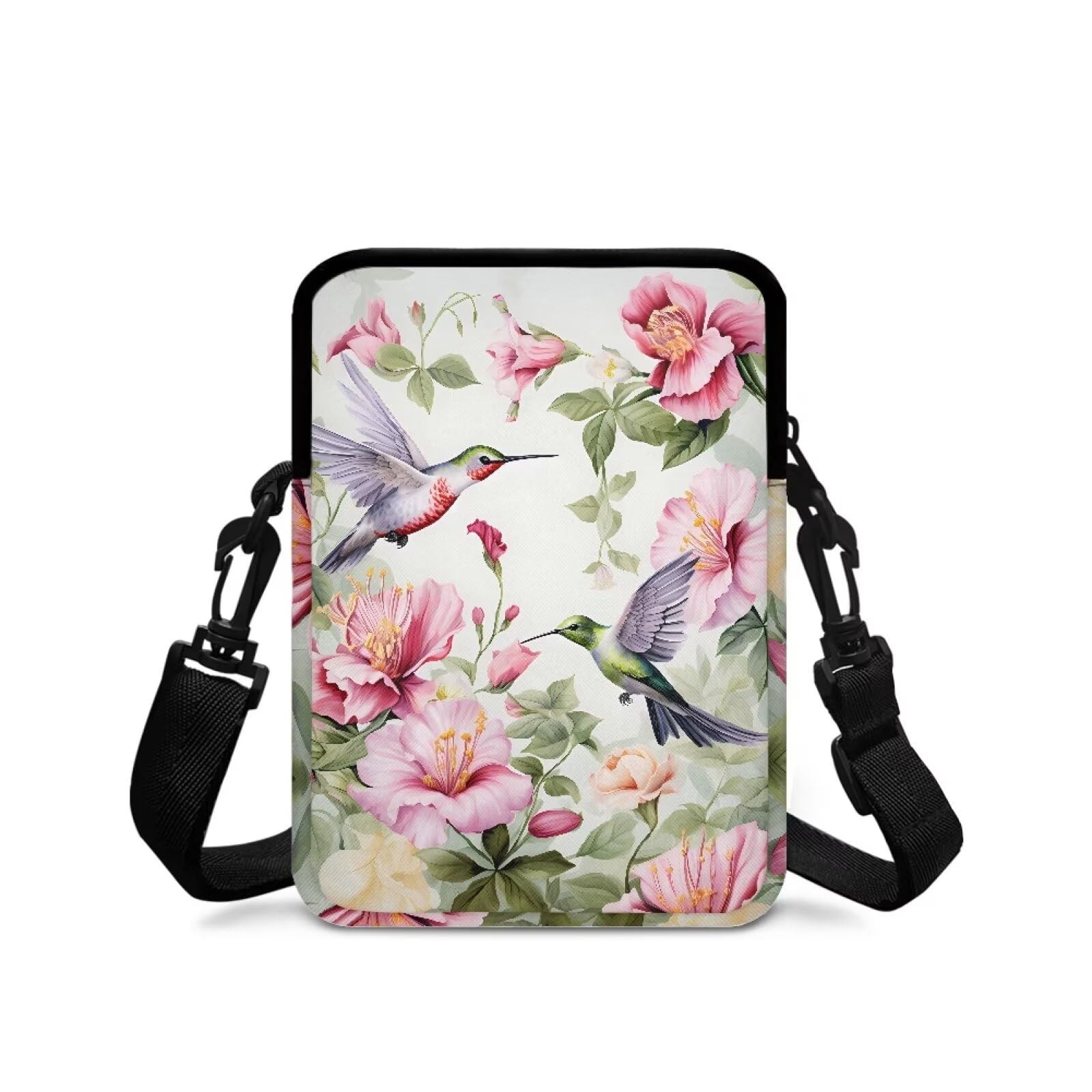 Pynewomyt Pink Flower Bohemian Hummingbird Cross Body Sling Backpack with Adjustable Strap Small Cross Body Card/Money/Cash Coin Pouches Messenger Purse