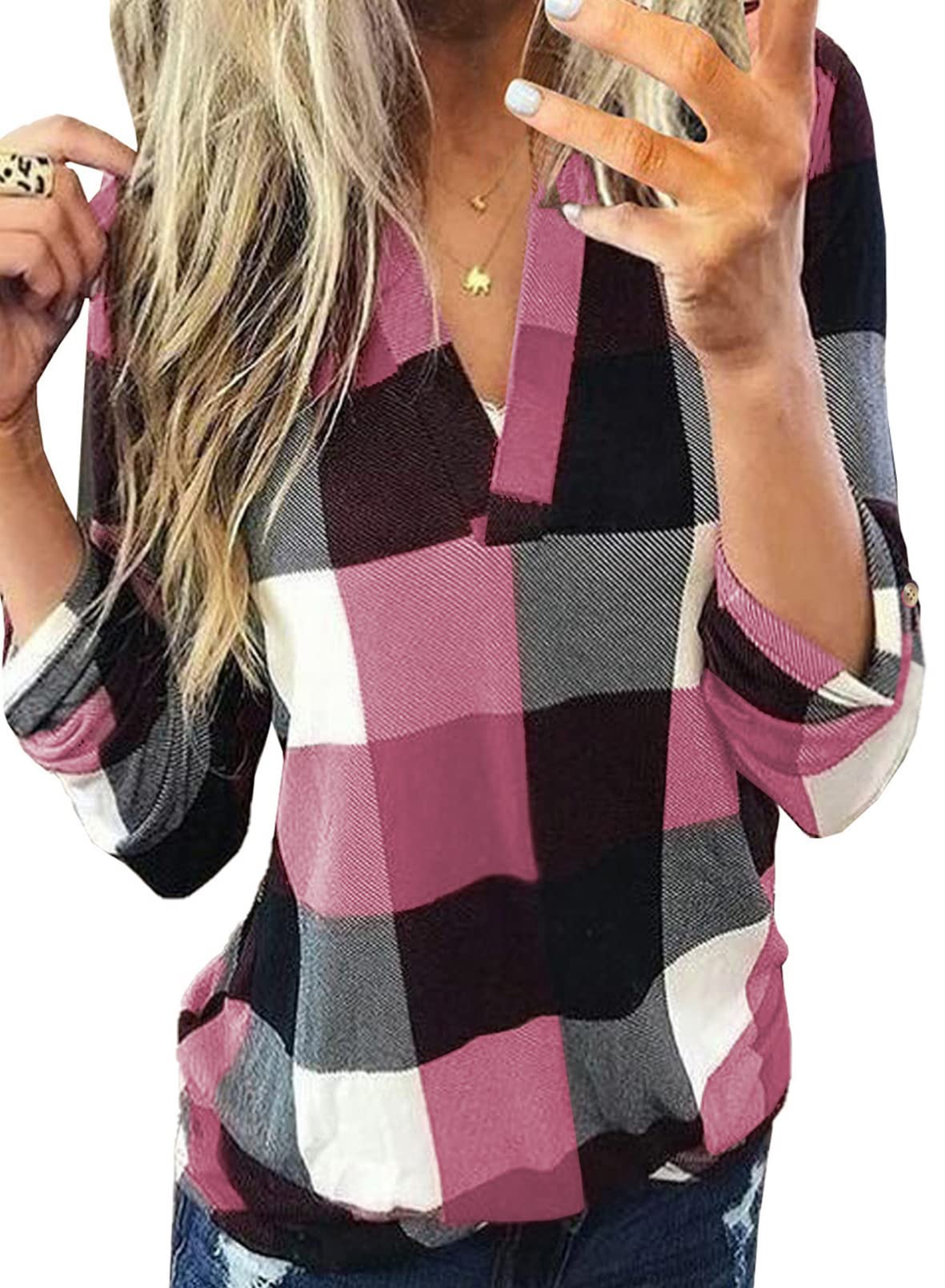 Dokotoo Women's Casual Cotton Cuffed 3/4 Sleeve Plaid V Neck Tunic Blouse for Work Fashion - Pink 2023