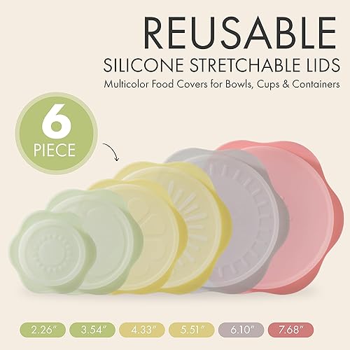 Miniatura 2 de Tapas elásticas de silicona reutilizables  6 fundas multicolor para alimentos para cuencos, tazas y recipientes  herméticas, a prueba de fugas, sin