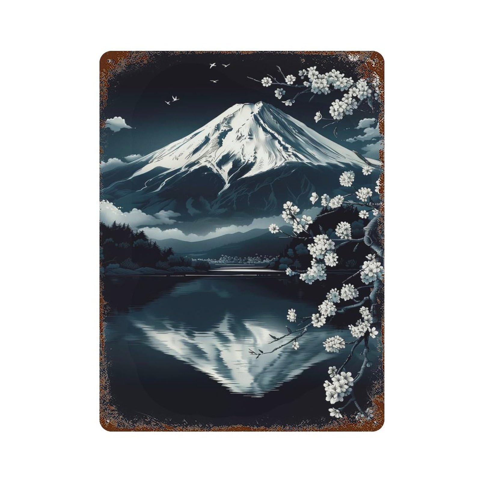 Garage Style Mount Fuji Night Scene Rusty Metal Tin Sign 15.7"x11.8", Novelty Wall Decor for Bar And Workshop