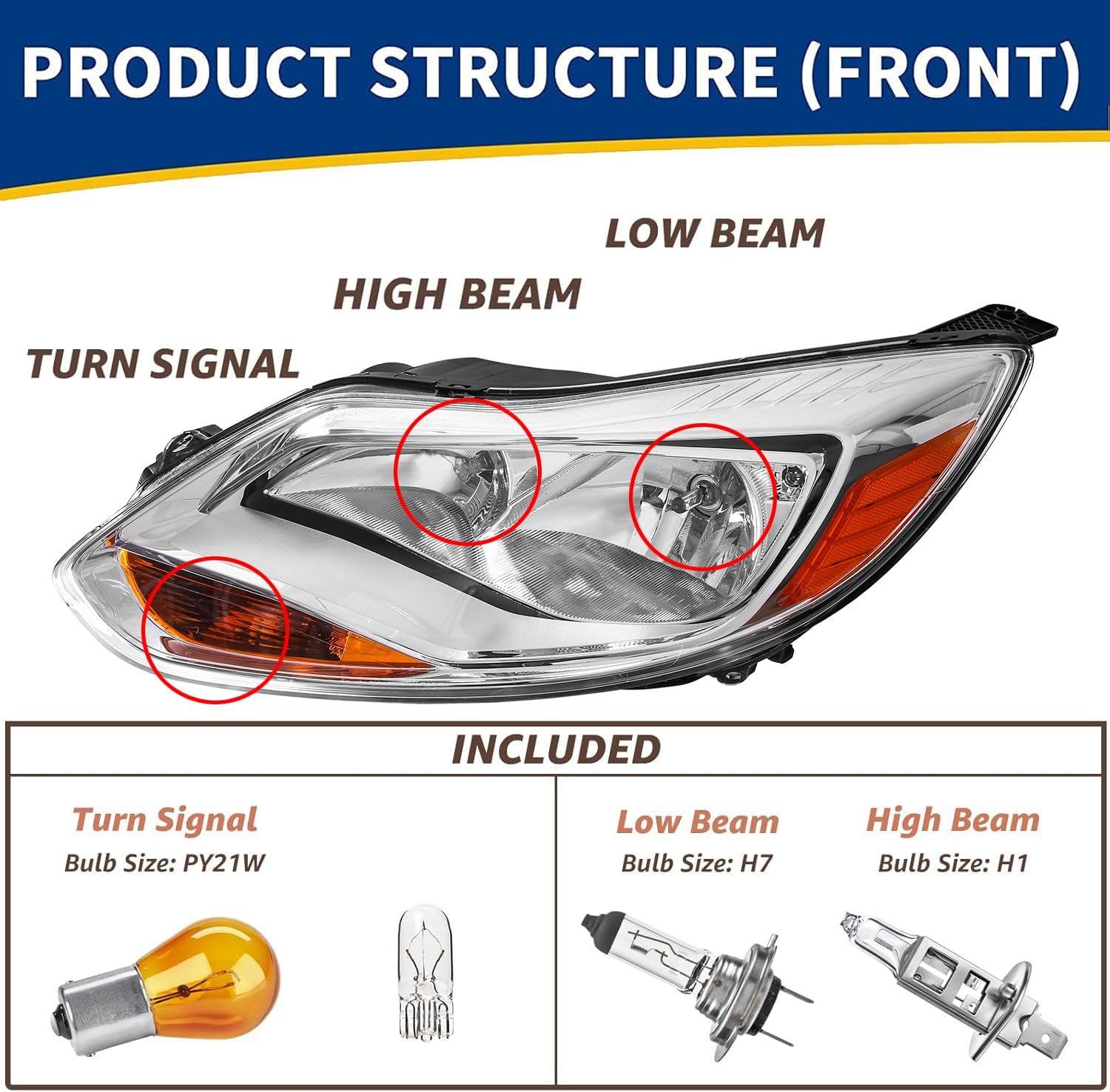 Headlights Assembly Pair with Bulbs for 2012 2013 2014 Ford Focus Halogen Headlamps Head Lights Replacement Left Driver and Right Passenger Side,Chrome Housing Amber Reflector