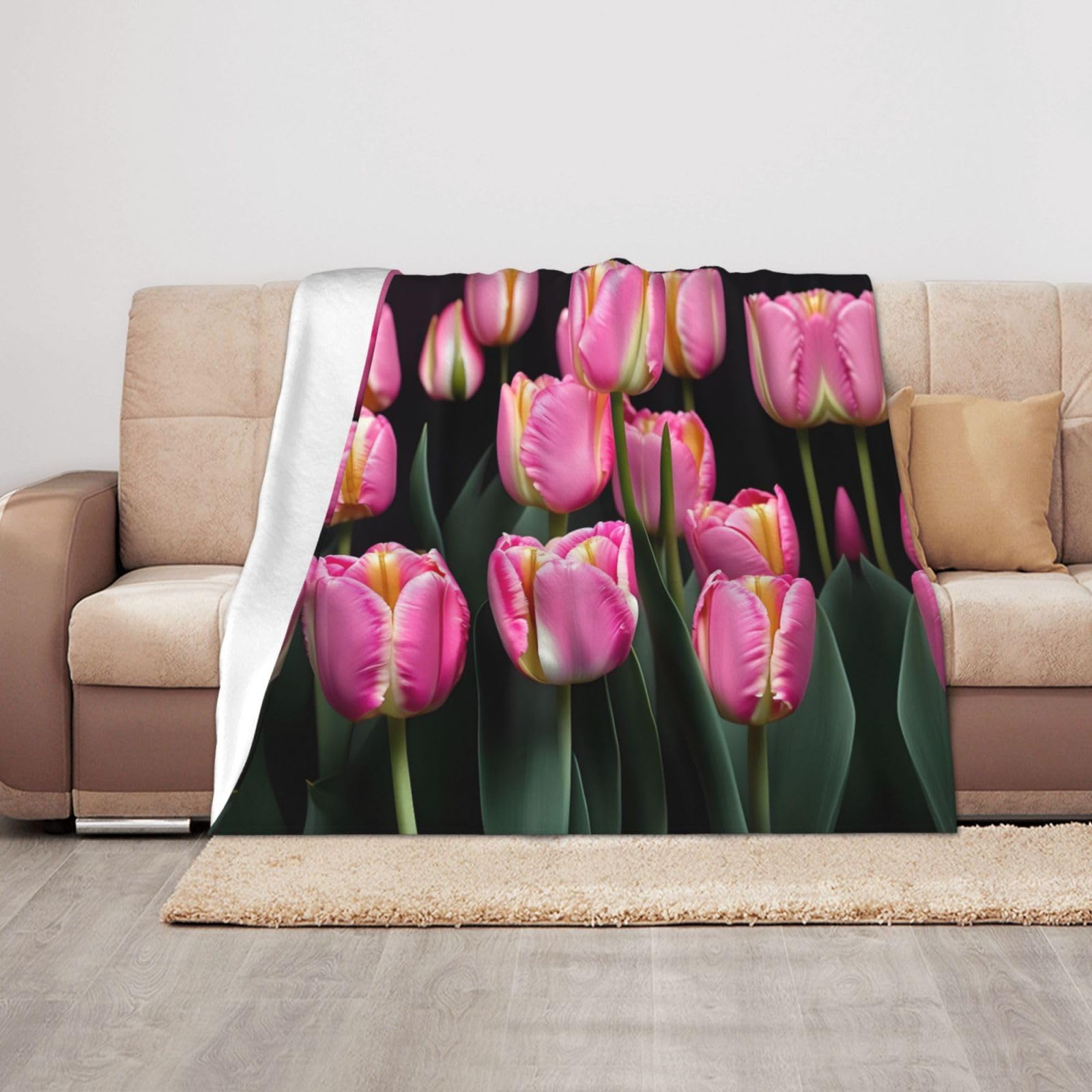 Couverture imprimée tulipes roses idéale pour soirées cocooning