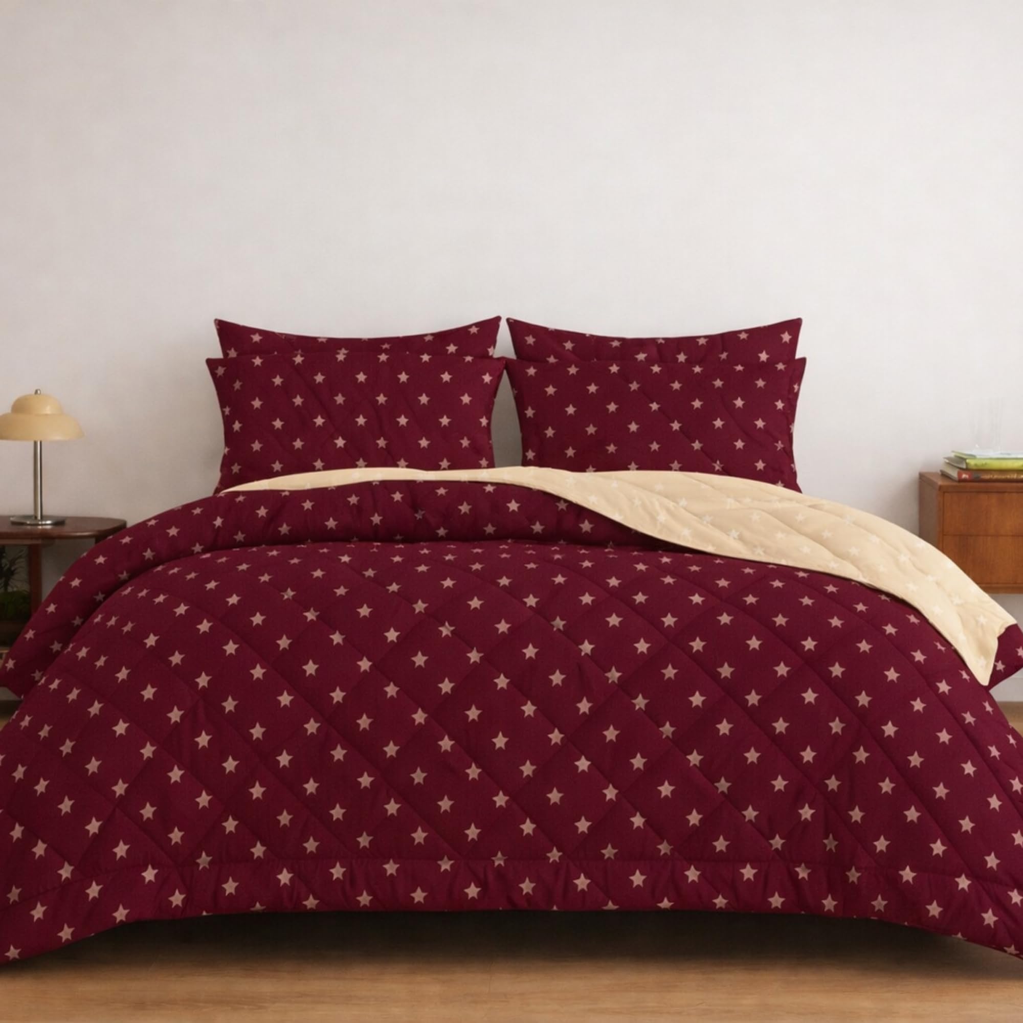VELOURA Stellar Collection Reversible Comforter, Star Pattern, 250 GSM Microfiber, Lightweight and Durable, Machine Washable (Deep Maroon, Butter Yellow, Double)-image-39