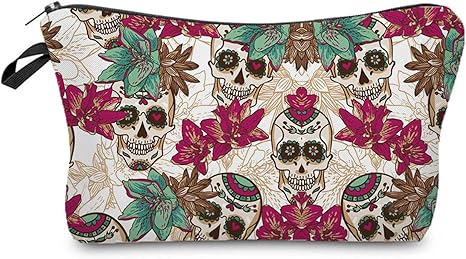Sugar Skull Floral Cosmetic Bag Cute Makeup Bag Travel Toiletry Zipper Pouch Gifts Sugar Skull Floral Makeup Bag for Girls Women Gothic Lovers