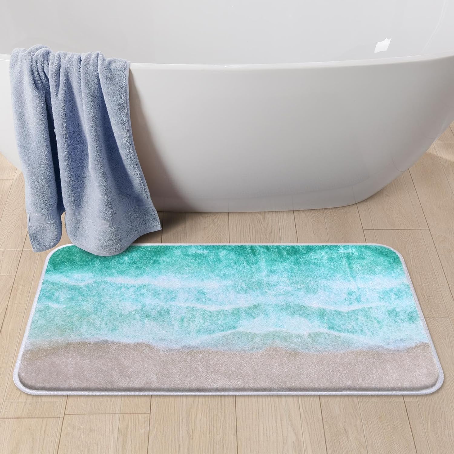 Britimes Bath Mat for Bathroom Beach Ocean Natural Shaggy Bathroom Mat Non Silp Water Absorbent Bath Rug Soft Washable Floor Rug White Green Summer for Tub Showers Laundry Room Decor