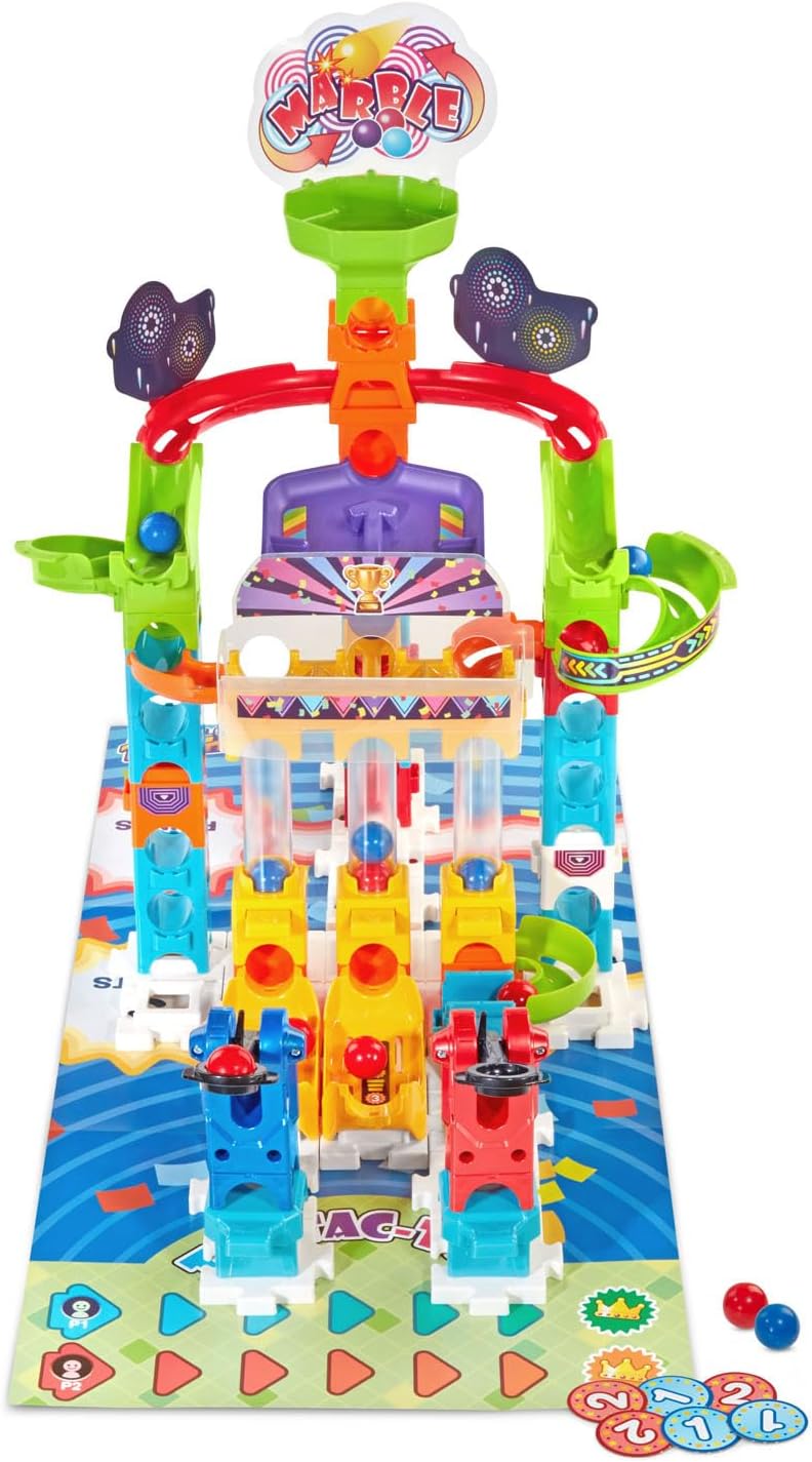 A child's hands are shown following the color-coded building guide to assemble parts of the VTech Marble Rush set.