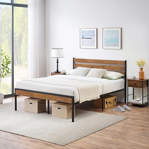 Miniatura 3 de GAOMON Base de cama matrimonial con cabecero de madera y listones de metal, base de colchón no necesita somier, fácil de montar, no se agita y no