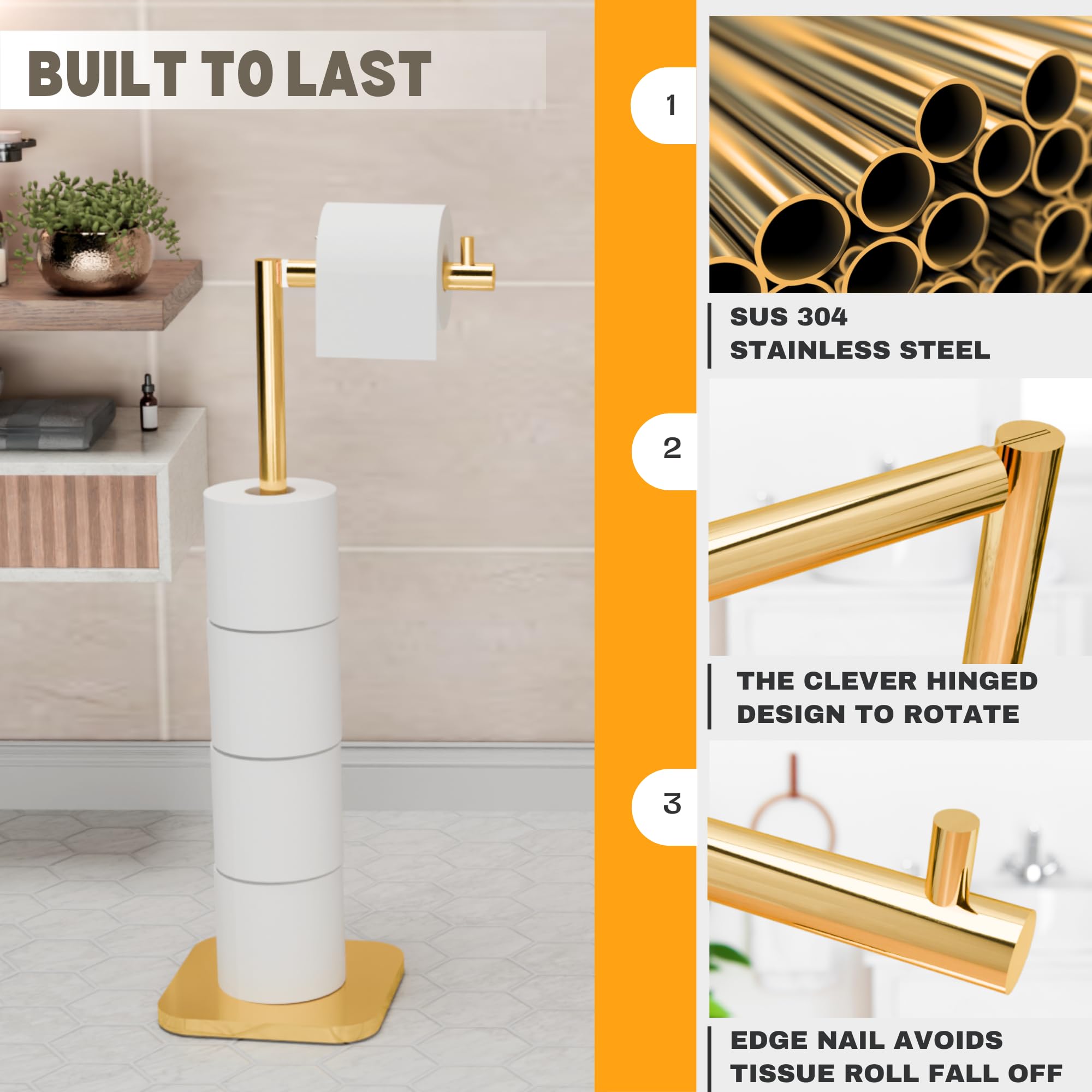 Toilet Roll Holder Free Standing, Toilet Roll Stand for 5 Rolls, Stainless Steel Loo Roll Holder with Heavy Stable Base - Image 2
