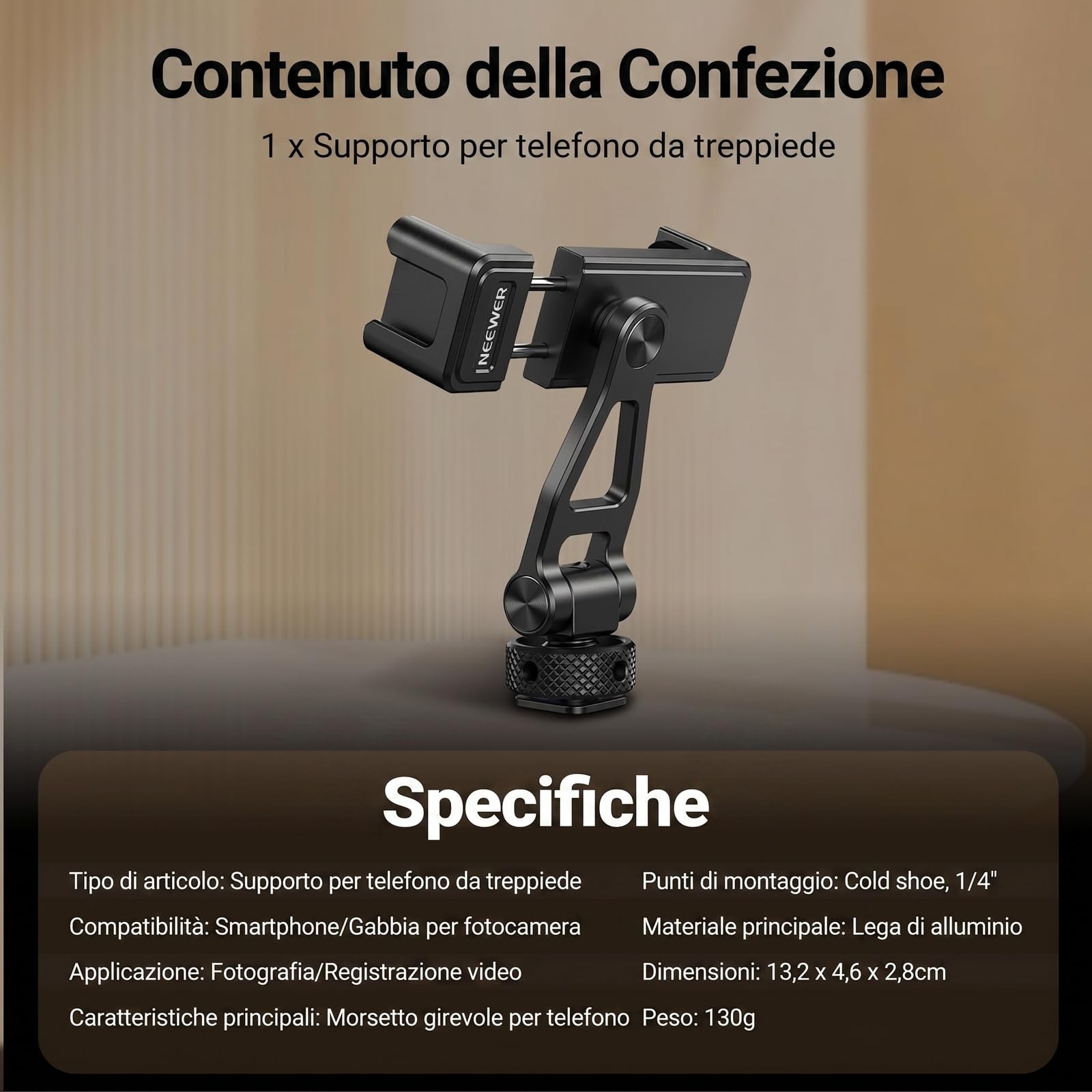 NEEWER Supporto Telefono da Treppiede in Metallo con Cold Shoe, Filettatura 1/4", Incl.180°,Rot.360°, Supporto Smartphone per Cavalletto Compatibile con iPhone 15 Pro Max S24 Ultra Camera Cage, GA010