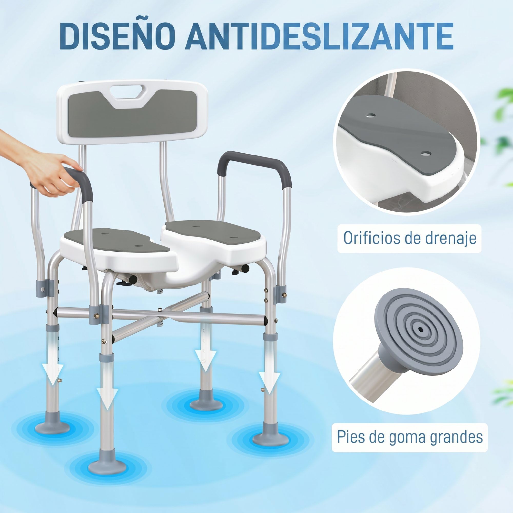 HOMCOM Silla Ducha Personas Mayores Asiento Ranurado Altura Regulable Gris