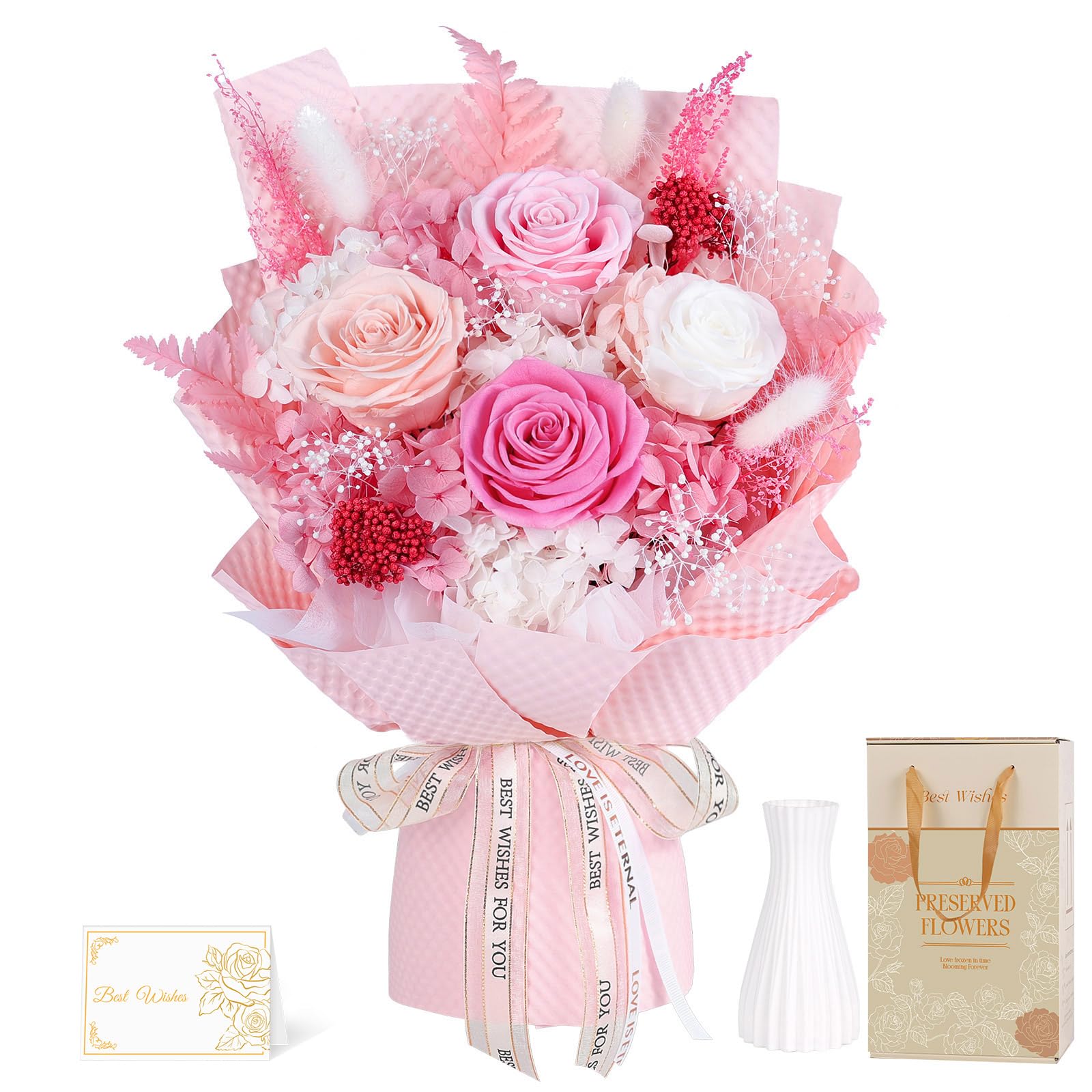 Amazon｜プリザーブドフラワー ピンク色 花束 4本薔薇 香りあり 花瓶