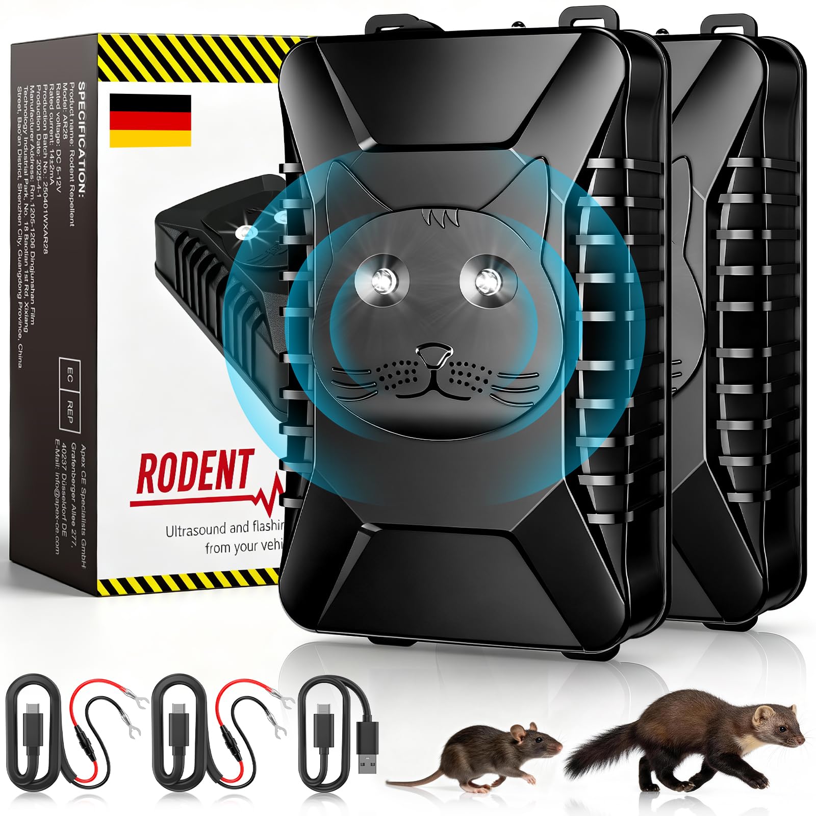Gropfaros Marderschreck Auto, Maderschrecker Auto mit 12V Batterieanschluss für Motorraum inkl. Montagematerial