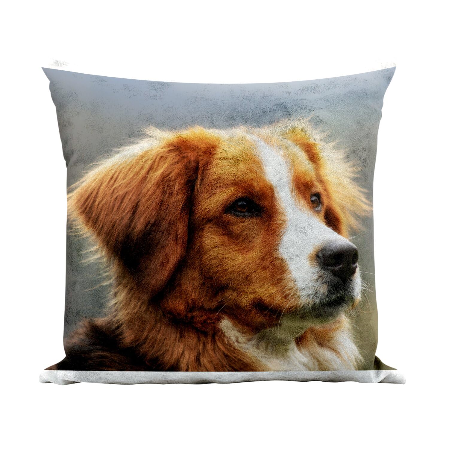 Coussin aspect cuir blanc motif chien marron finitions haut de gamme