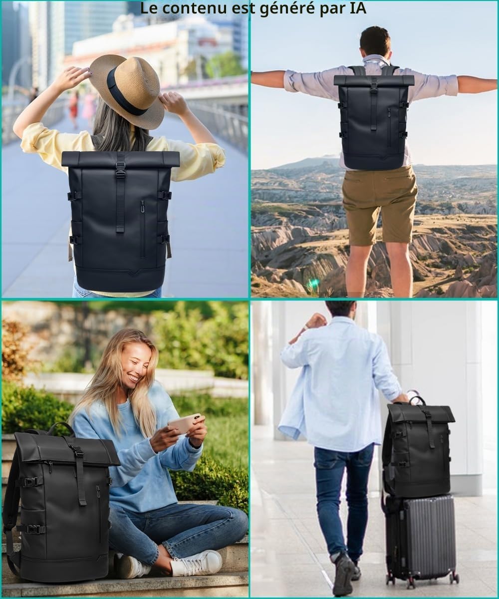 Sac a Dos Homme Etanche 33L pour 15 Pouces Ordinateur Portable Extensible pour Randonnée Travail Voyage Cyclisme Université-Noir