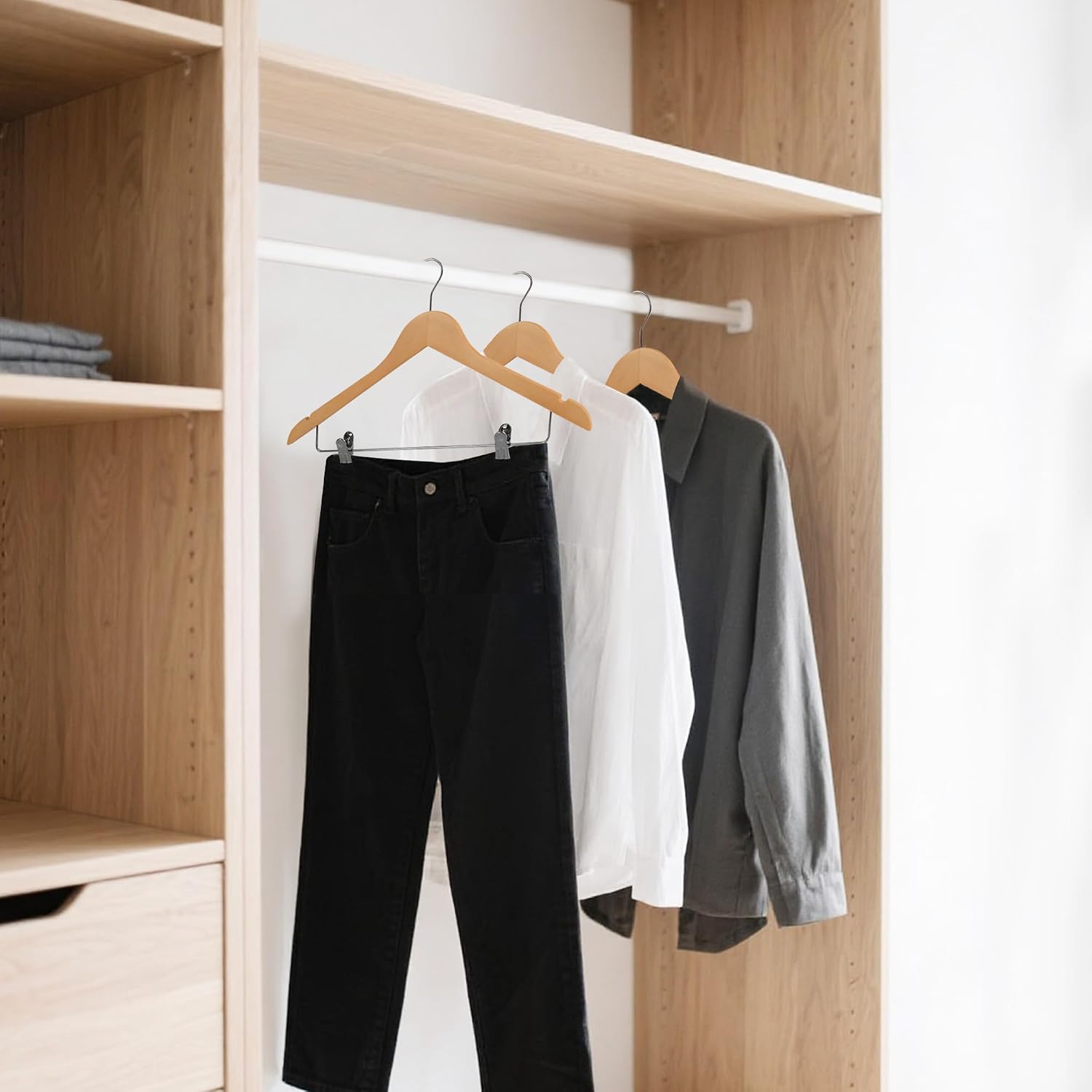 Wooden Hangers with Adjustable Metal Clips, 24-Pack Solid Wood Hangers with 360° Rotatable Hook for Skirt, Dress, Coats, Jacket and Pants, Space-Saving and Non-Slip Design