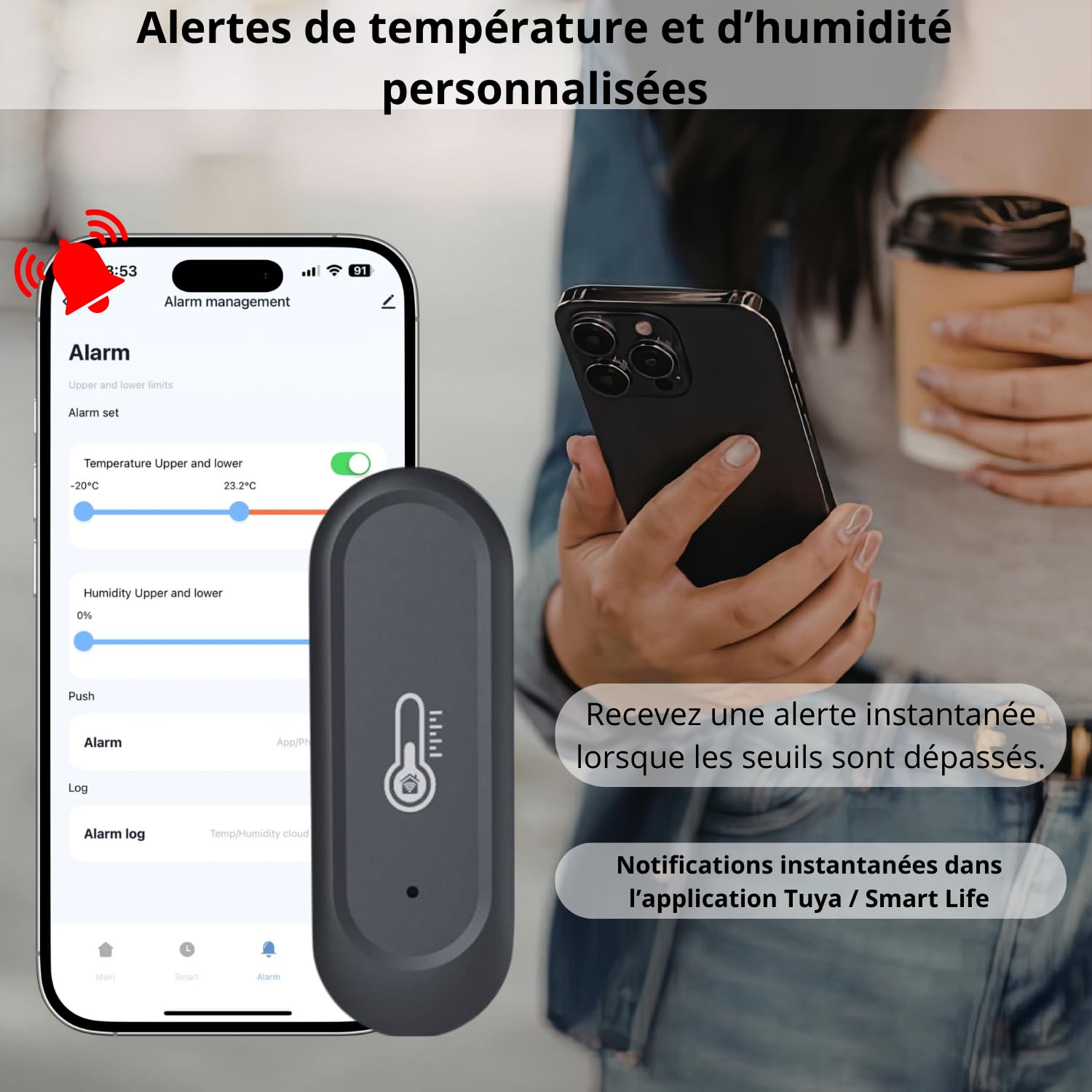 Sone Smart One Capteur Température Humidité WiFi 2.4GHz IP65 Extérieur Intérieur Noir - Thermomètre Hygromètre Connecté Tuya Smart Life - Sans Passerelle - Piles Non Incluses
