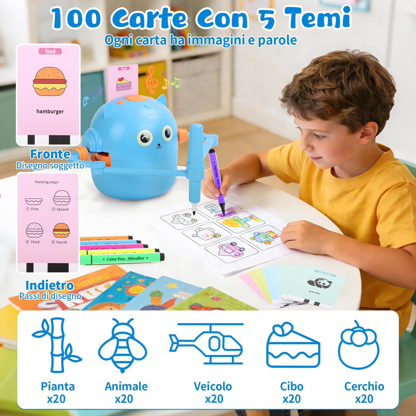 Charmofun Robot che Disegna per Bambini, Robot Disegno Bambini con 100 Cartoline, Robottino Giocattolo per Apprendimento Precoce, Robots Interattivo Vocale per Bambino Bambina dai 3 Anni in su (Blu)