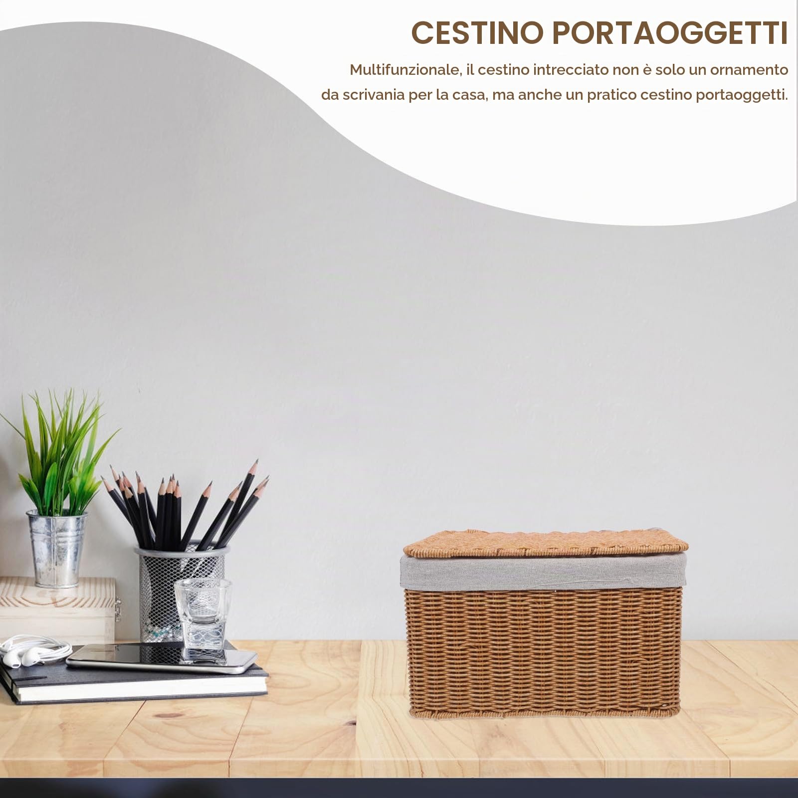 Cestino Portaoggetti Rettangolare in Pp con Coperchio e Doppio Manico, Rivestito, Versatile e Raffinato per Organizzare Giochi e Libri in Casa