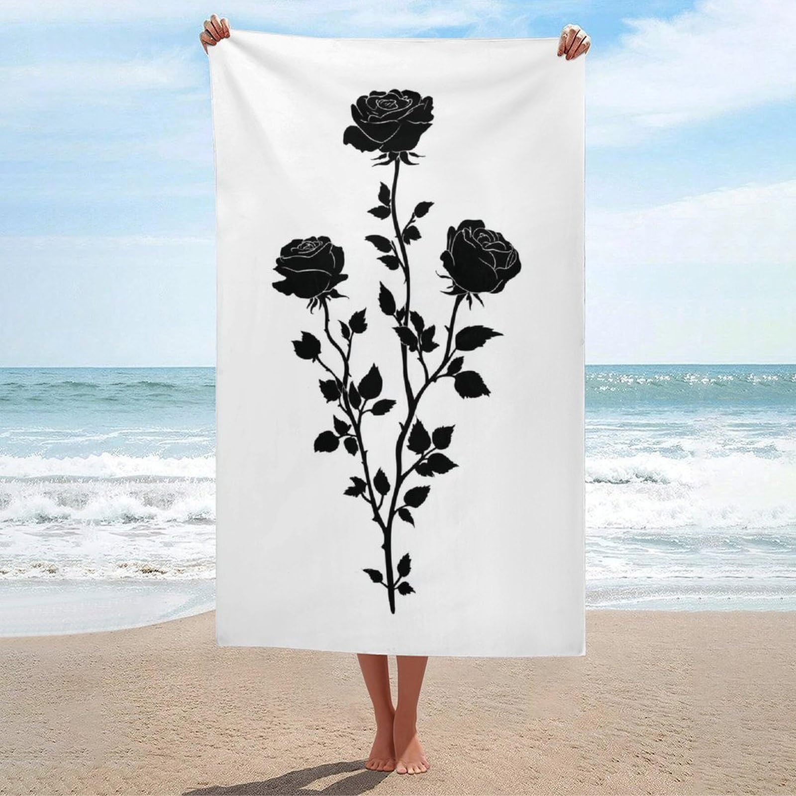 asbwuo Three Roses Silhouettes Floral Line Art Beach Towel