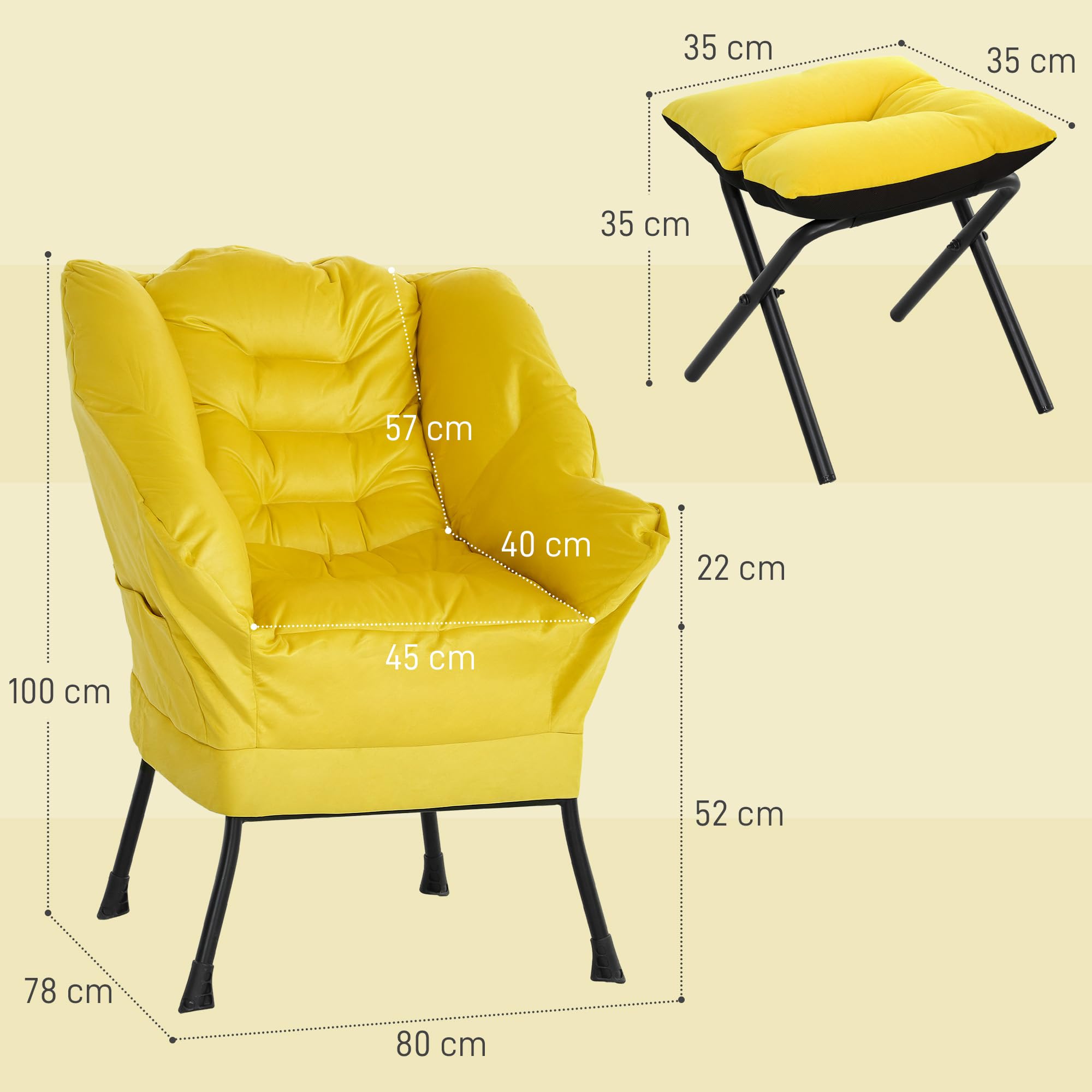 HOMCOM Sillón de Salón con Reposapiés Sillón de Relax Butaca para Dormitorio con Bolsillos Laterales y Patas de Acero para Sala de Estar Amarillo