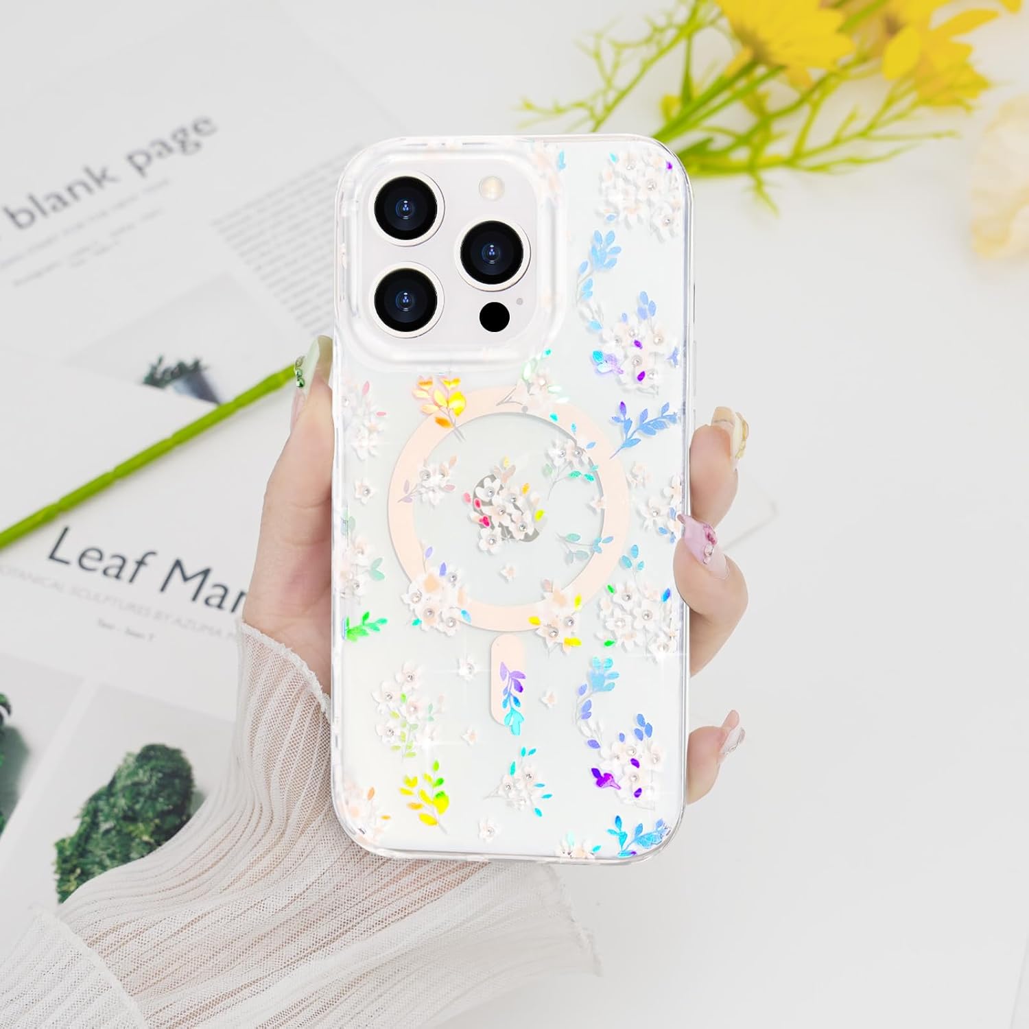 Magnetic for iPhone 15 Pro Case Floral, Cute Luxury Clear Flower Cover for Women Girls Elegant Aesthetic Soft [Compatible with Magsafe] Protective Phone Case for iPhone 15 Pro, Geranium - Image 7