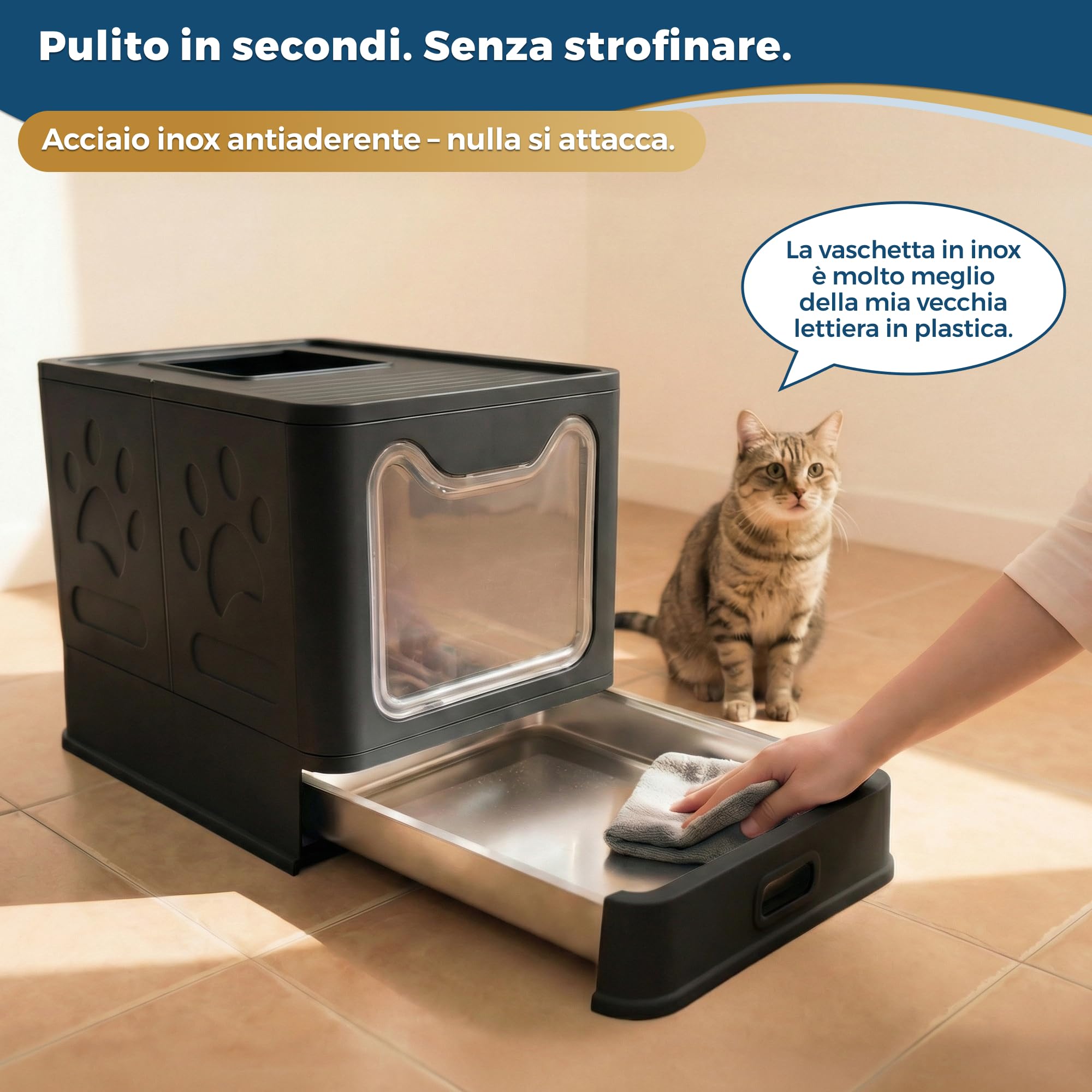 Lettiera gatto acciaio inox – Toilette chiusa con vassoio estraibile Antiodore, antiperdita, facile da pulire – Entrata avanti/uscita superiore – Lettiera gatto con paletta (38,3×51×41 cm),Nero