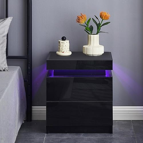 Miniatura 2 de TUKAILAi Mesita de noche moderna con luz LED, 2 cajones de alto brillo, mesita de noche para dormitorio, sala de estar (negro)