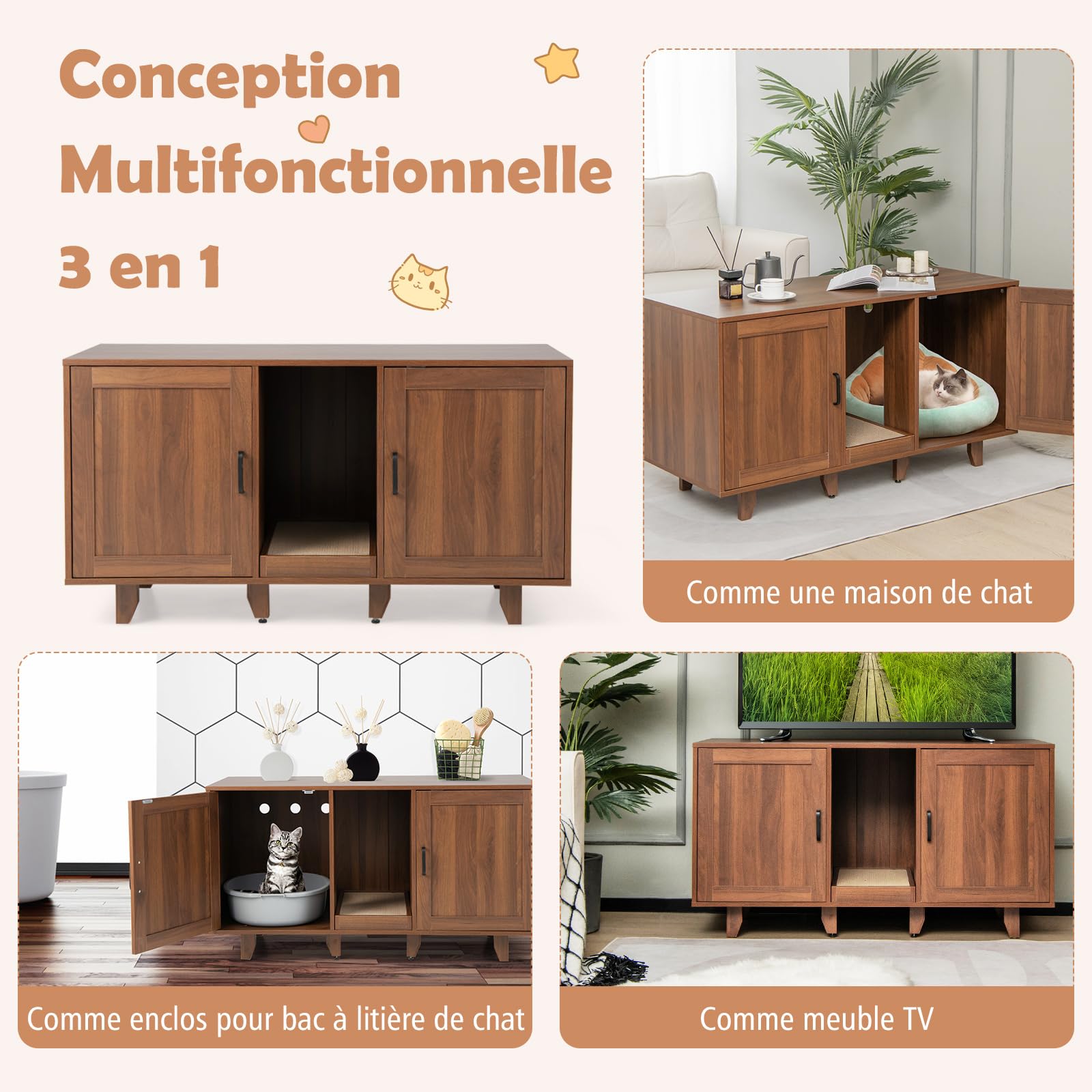 COSTWAY Meuble Litiere Chat en Bois, Cache Litiere Chat Double Porte 3 en 1, Planche à Griffer, 6 Pieds Surélevés Amovibles, 6 Passe-Câble, Maison de Toilette Chaton, 120 × 52 × 65 CM, Brun