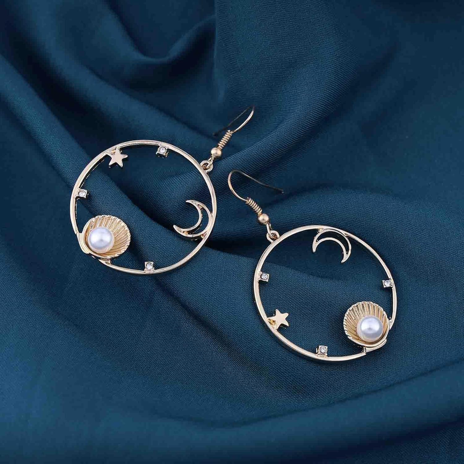 Boho Gold Open Circle Drop Earrings Hollow Circle Dangle Earrings Tiny Moon Star Earrings Metal Shell Pearl Dangle Earrings Summer Earrings Jewelry for Women - Image 5