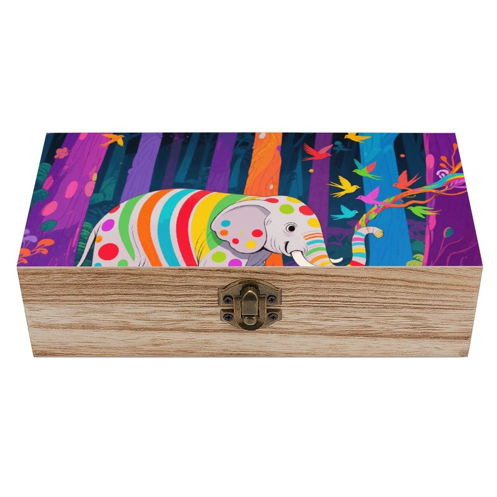 asbwuo Colorful Elephant Wooden Keepsake Box Storage Boxes with Hinged Lid