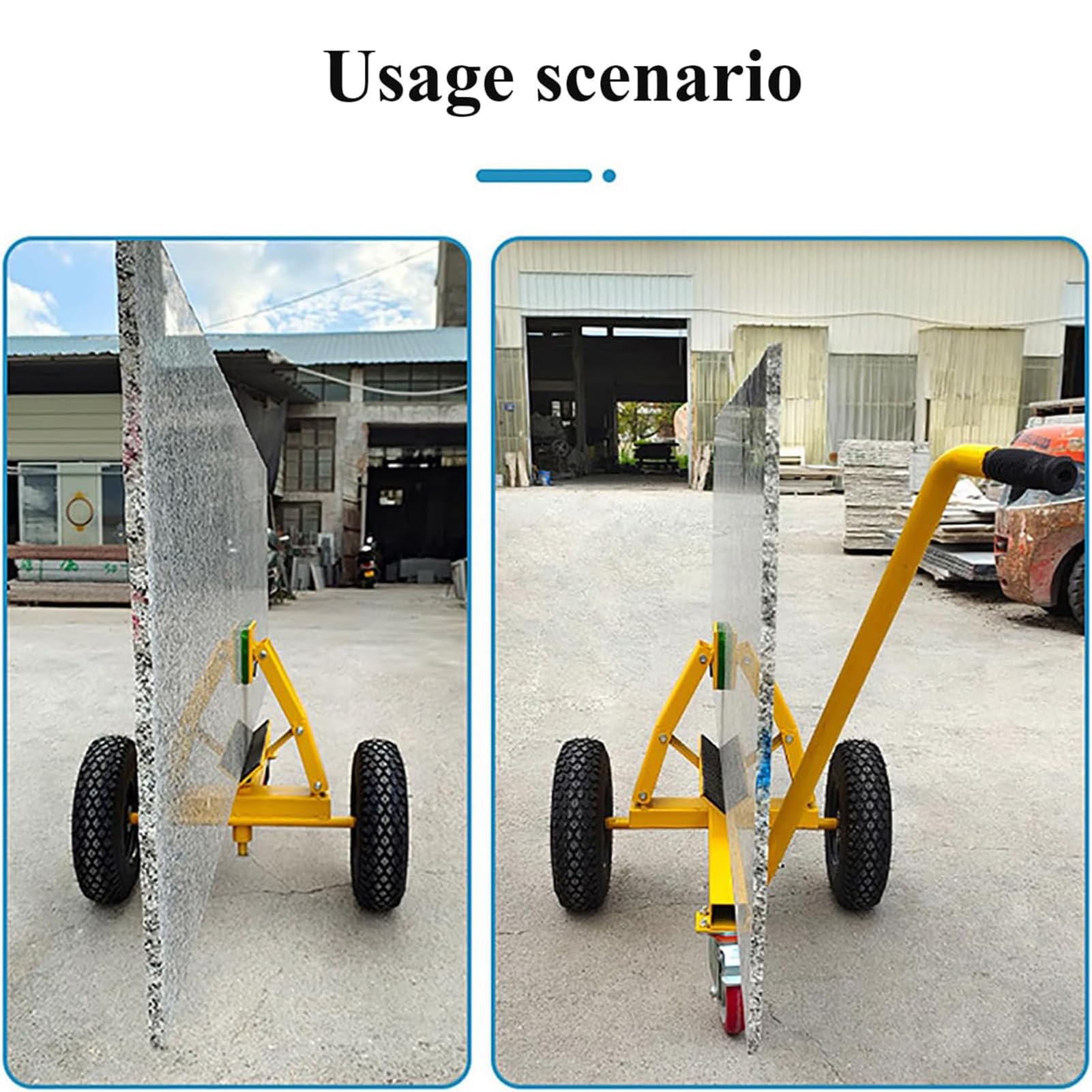Herramientas de manejo de placas con ruedas de freno y palé en forma de V para un transporte seguro de materiales pesados